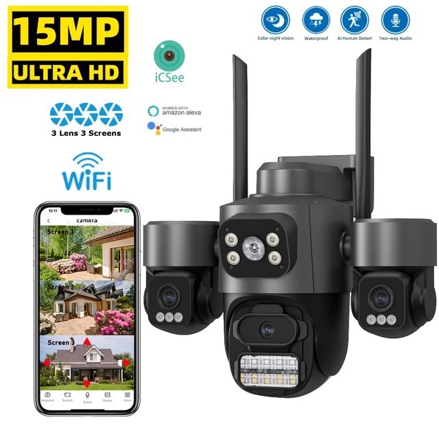 ICSEEกล้องวงจรปิด 3เลนส์ WIFi Cctv ความคมชัด4K มีไมค์มีลำโพง มีภาพสีตอนกลางคืน แจ้งเตือนผ่านแอป สามหน้าจอ WiFi Security ราคา 1,100 บาท*ส่งฟรี