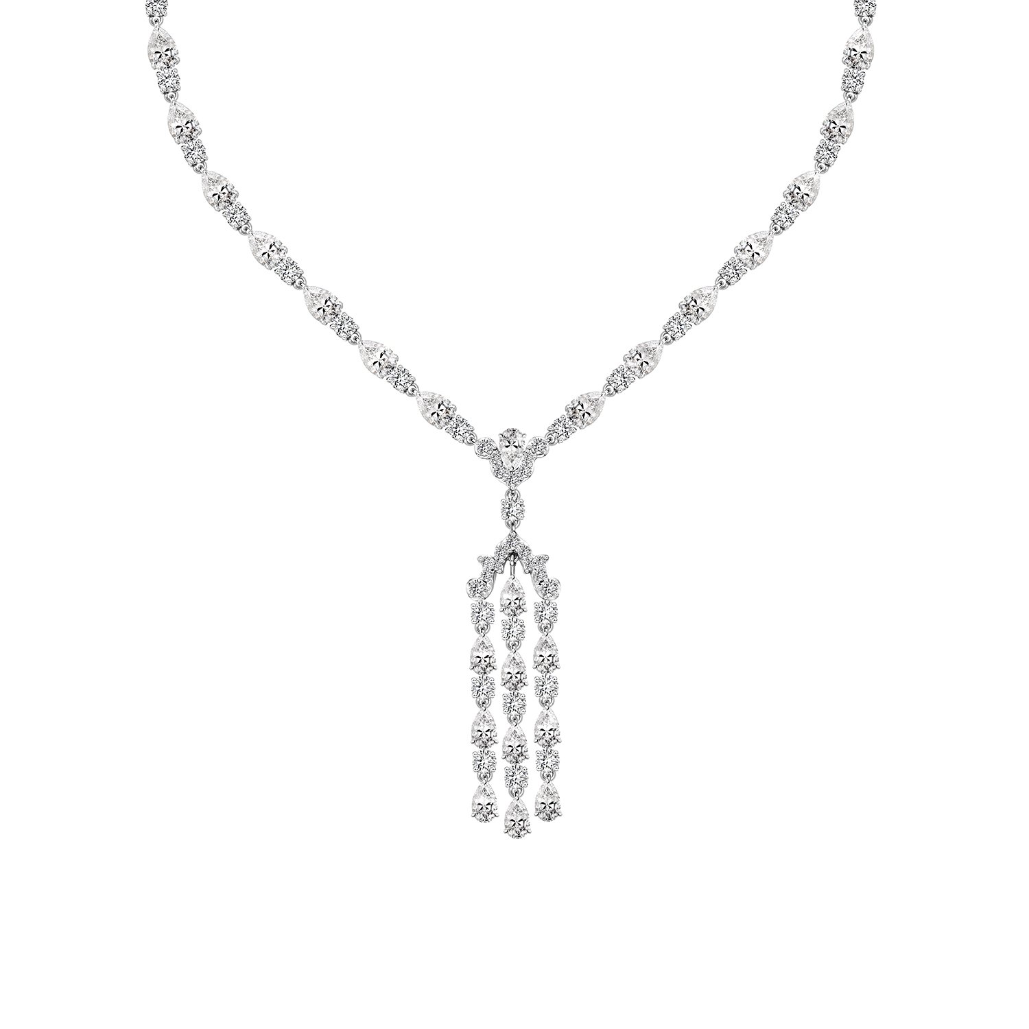 Merii สร้อยคอเงินแท้ 925 ชุบโรเดียม ประดับเพชร CZ ยาว 17 นิ้ว ดีไซน์รูปทรงเรขาคณิต 3 แถว : Decorum 221N0266-01 ราคา 19,800 บาท*ส่งฟรี