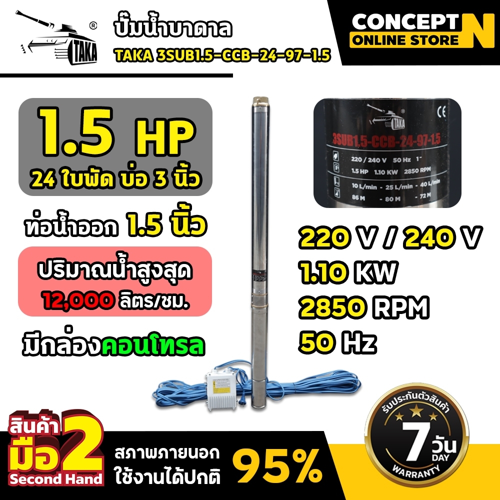 สินค้ามือสอง TAKA ปั๊มน้ำบาดาล 3SUB1.5-CCB-24-97-1.5 ขนาด 1.5 แรง บ่อ 3 นิ้ว ขนาดท่อ 1.5 นิ้ว มีกล่องคอนโทรล รับประกัน 7 วัน ราคา 3,870 บาท*ส่งฟรี