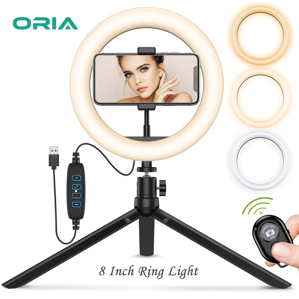 ORIA ไฟเซลฟี่กล้องไฟโทรศัพท์ with Tripod Stand Flexible Phone Holder Desk Makeup Ring Light for TIK Tok YouTube Vlog Live Laptop