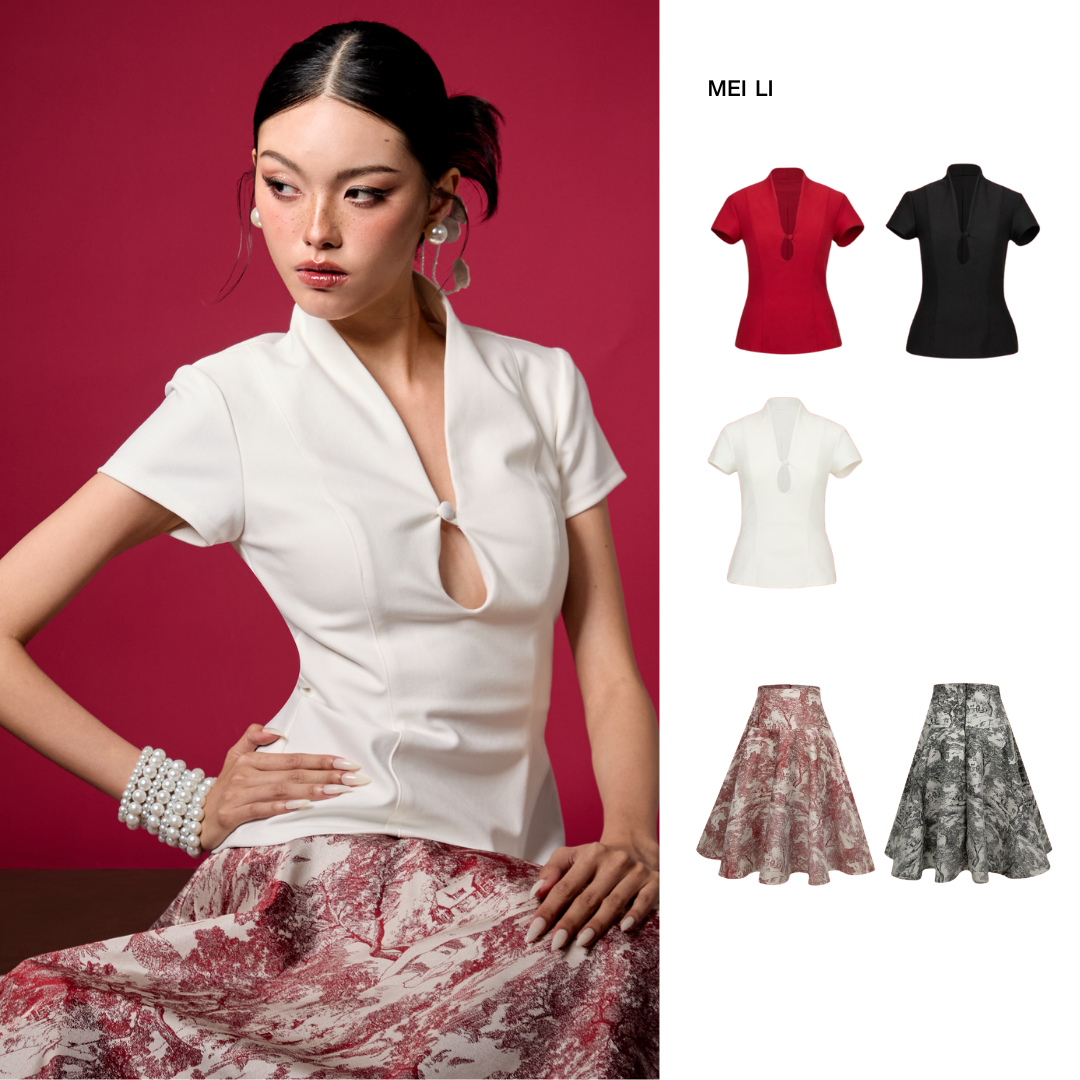 PETCHPLOY - Mei Li Top&Skirt ชุดตรุษจีน เสื้อและกระโปรงแยกชิ้น เสื้อคอวีกระดุมจีนแหวกลึกเพิ่มความเซ็กซี่ ทรงพอดีตัว กระโปรงผ้าทอลายจีนสุดคลาสสิค (สินค้าพร้อมส่ง) ราคา 1,690 บาท*ส่งฟรี