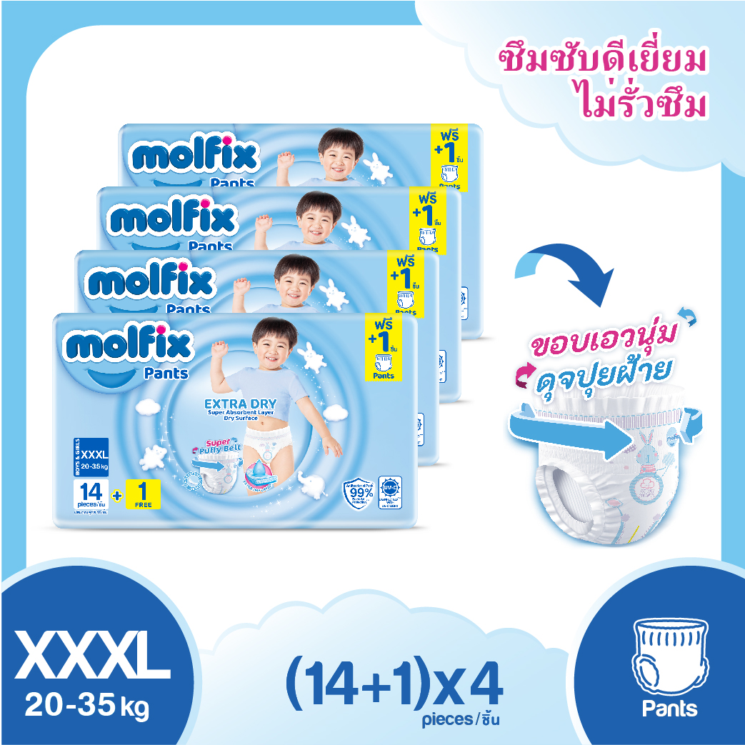 Molfix โมลฟิกซ์ เอ็กซ์ตร้า ดราย แพ้นส์ 3XL14+1J (ยกลัง) ราคา 655 บาท*ส่งฟรี