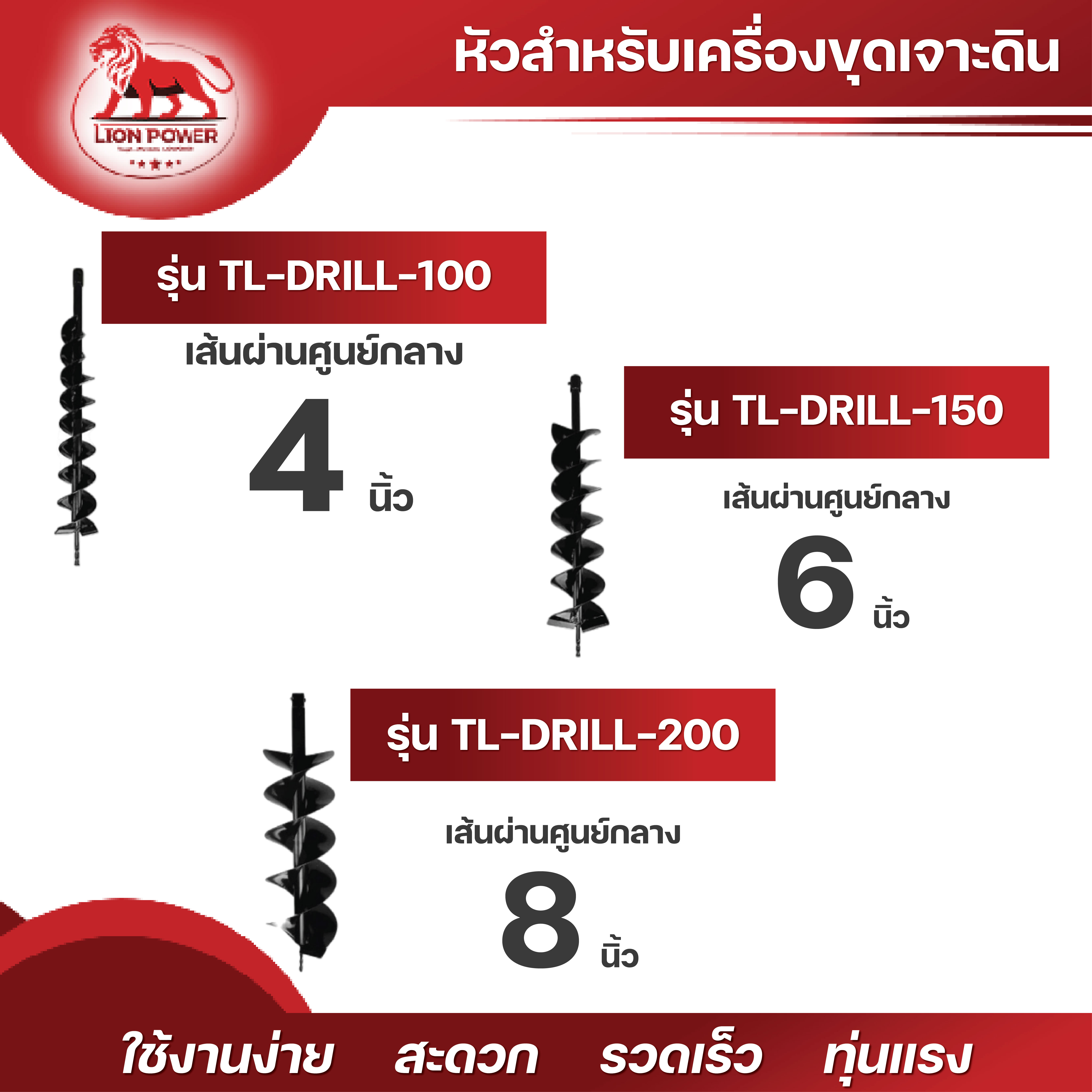 หัวสำหรับเครื่องขุดเจาะดิน TL-DRILL-100 (4นิ้ว) / TL-DRILL-150 (4นิ้ว) / TL-DRILL-200 (8นิ้ว) ราคา 790 บาท*ส่งฟรี