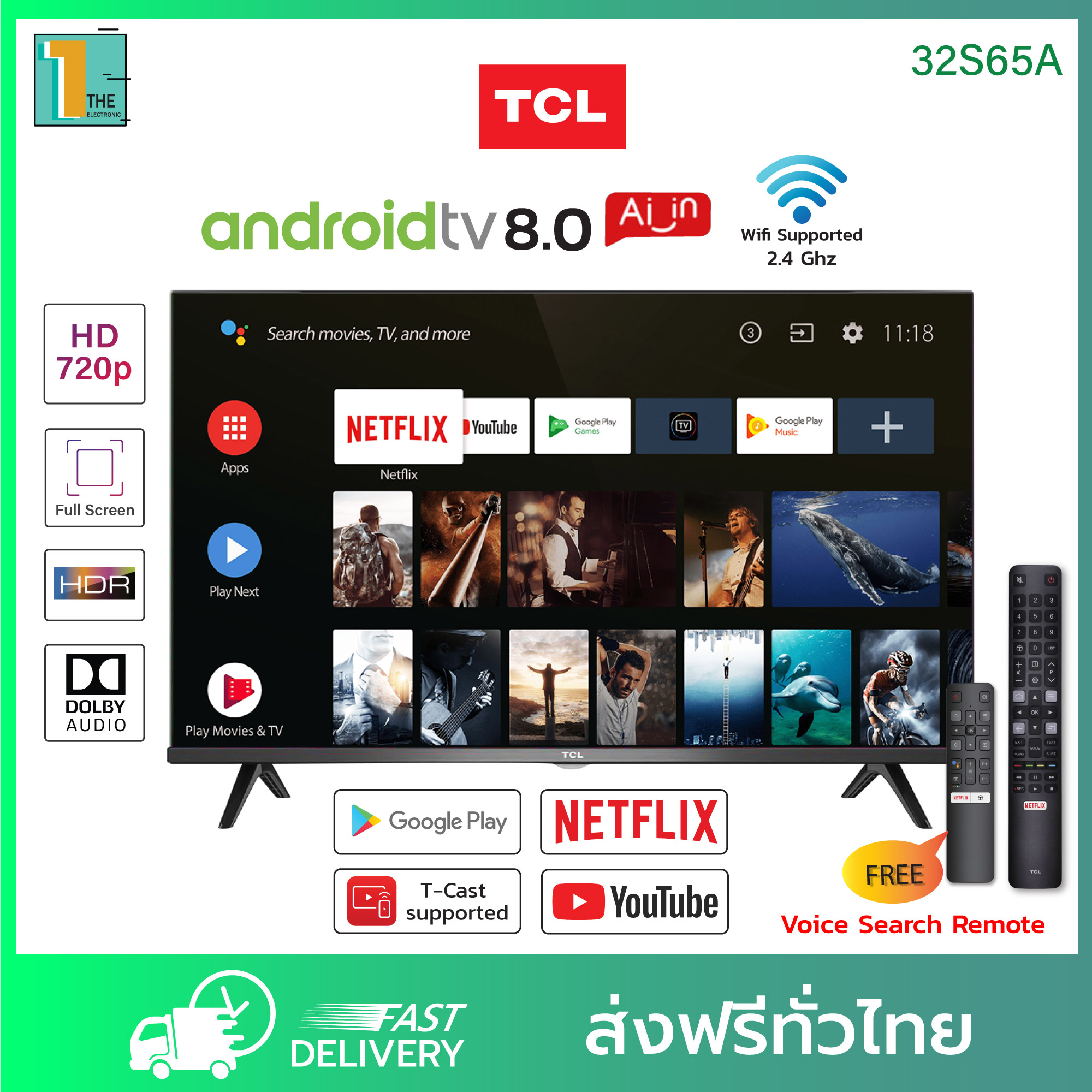 TCL Android 8.0 TV LED ทีวี 32นิ้ว 32S65A ประกัน1ปี ใหม่ล่าสุด ต่อ wifi bluetooth smart tv แอนดรอยด์ทีวี ดูทีวี Netflix Youtube คมชัด เสียงดี HD 720p USB HDMI ต่อมือถือ Voice Search remo