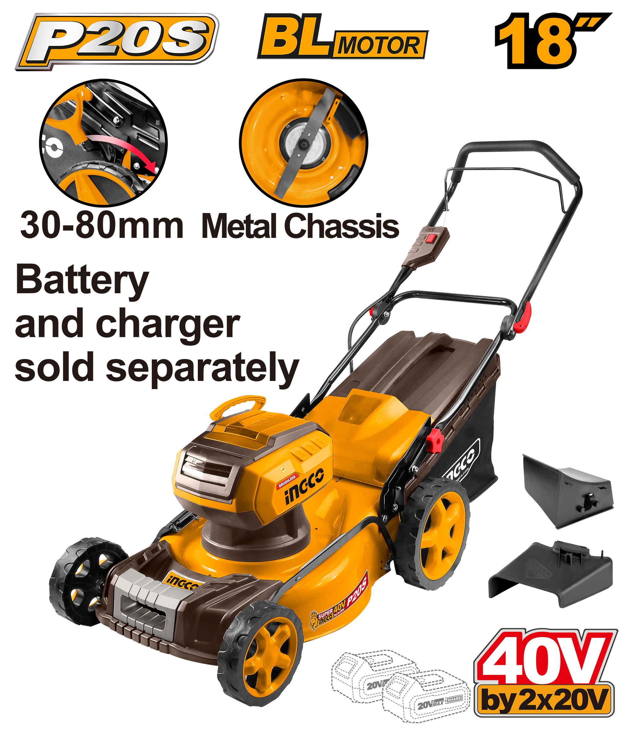 Ingco Cordless Battery Lawn Mower 18 Inches 40V Model Lmli20185 Heavy Duty Model Bl Motor Brushless (Empty Machine, Complete Set) ราคา 11,500 บาท*ส่งฟรี
