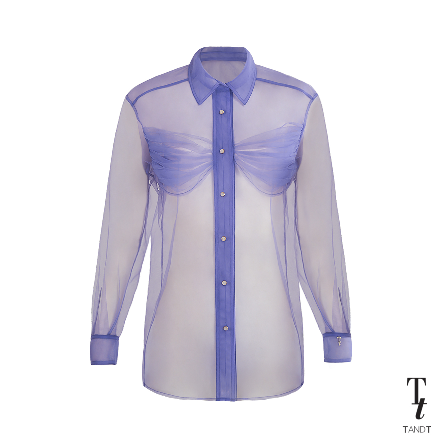 TandT - BORA - RUCHED BOW DETAILED LONG SLEEVE TULLE SHIRT เสื้อเชิ๊ตแขนยาว จับเดรปรูดย่นบริเวณหน้าอก ผ้าตาข่ายเนื้อนิ่ม สีม่วง ราคา 2,500 บาท*ส่งฟรี
