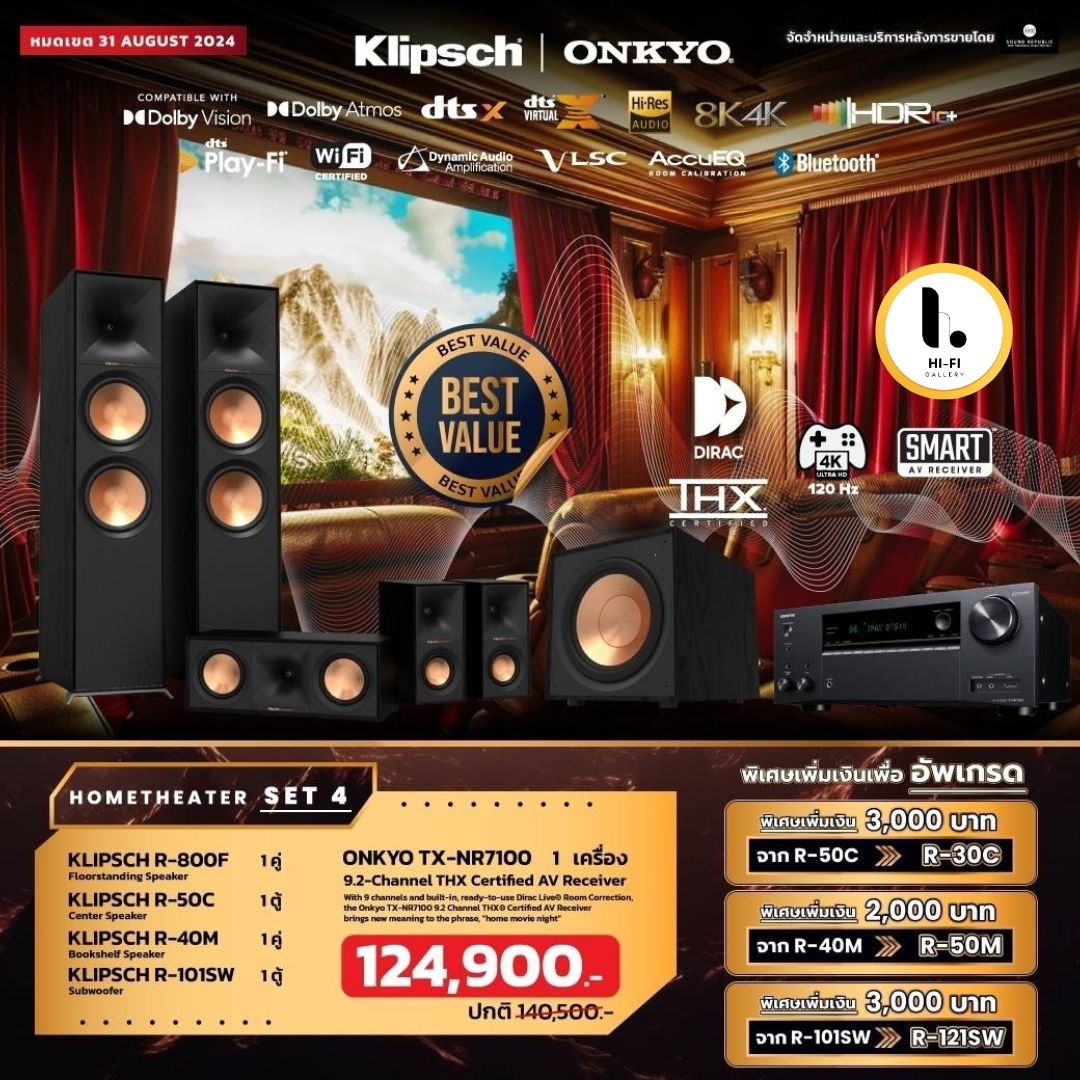 ชุดโฮมเทียเตอร์ ONKYO TX-NR7100 + KLIPSCH R-800F + KLIPSCH R-50C + KLIPSCH R-40M + KLIPSCH R-101SW Hometheater Set 4 ราคา 124,900 บาท*ส่งฟรี