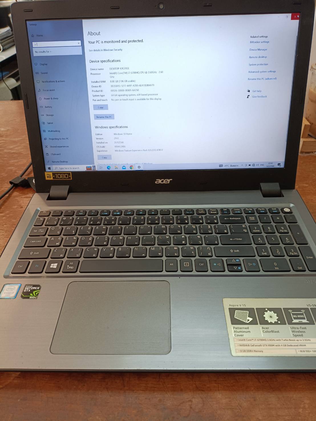 ขายโน๊ตบุ๊ค Notebook Acer Gaming 15.6 FullHD/Core i7 Gen6/8GB/HDD 1 TB +SSD 256 GB/GTX(second hand ) ราคา 9,900 บาท*ส่งฟรี