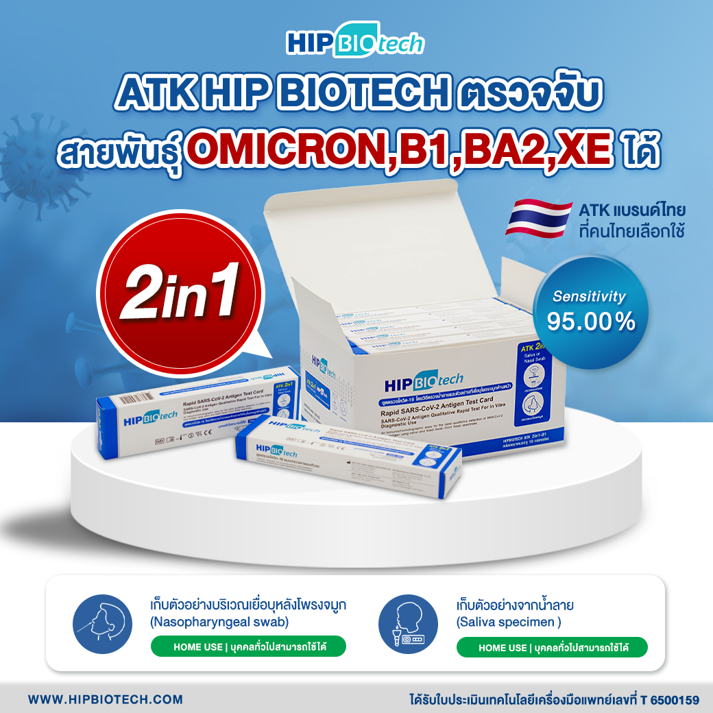 ( 2in1 ) ชุดตรวจโควิด HIP แบบ 2in1 ตรวจได้ทั้งจมูก หรือน้ำลาย 1 เทสต์ต่อกล่อง ตรวจโอไมครอนได้ ราคา 30 บาท*ส่งฟรี