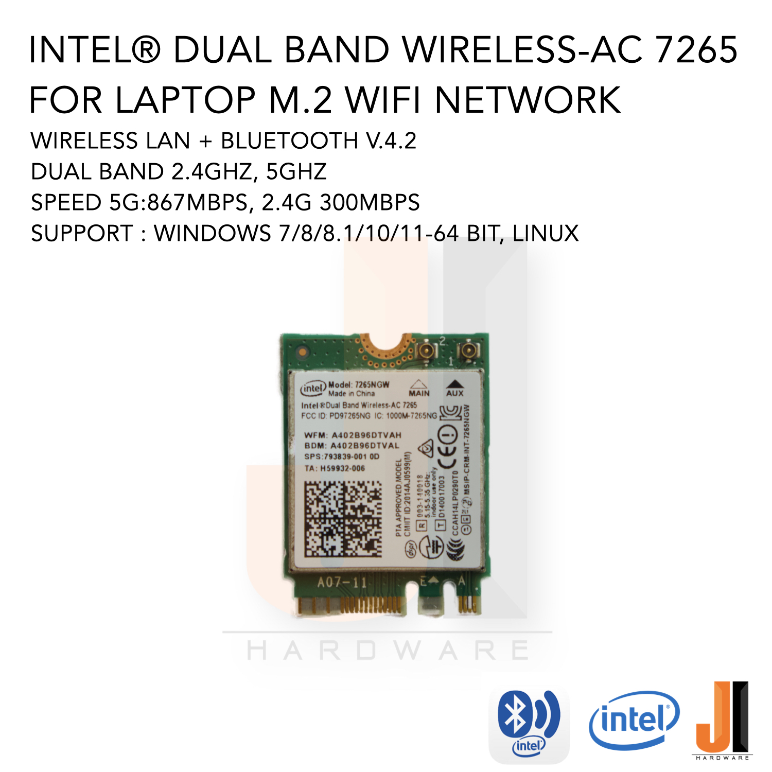 Intel ® Dual Band Wireless-Ac 7265 M.2 Wifi Network Wireless Lan + Bluetooth V.4.2 Dual Band (New Product with Warranty) ราคา 180 บาท*ส่งฟรี