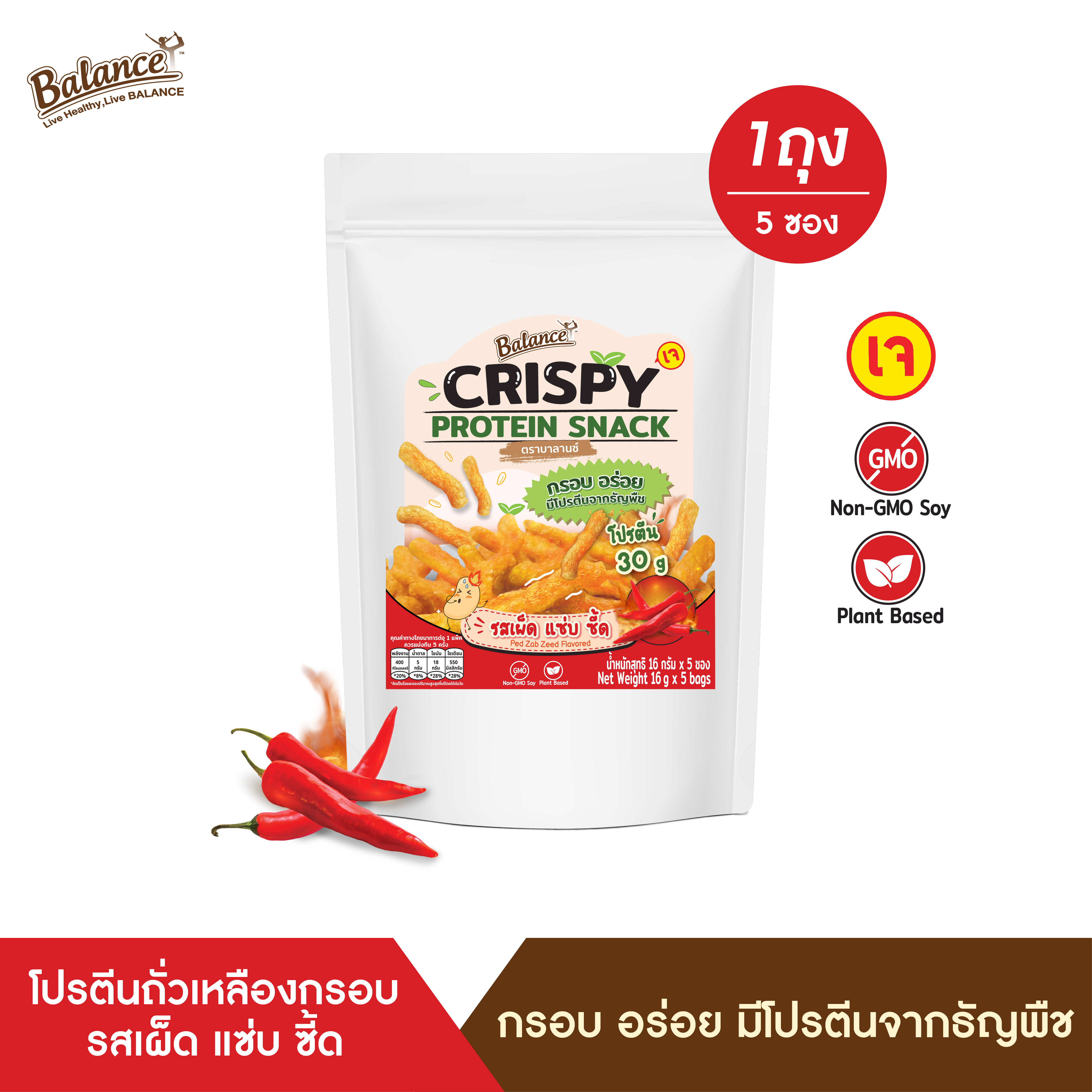 ใหม่! BALANCE โปรตีนถั่วเหลืองกรอบ รสเผ็ด แซ่บ ซี้ด 1 ถุง (16 g x 5 ซอง) ราคา 145 บาท*ส่งฟรี