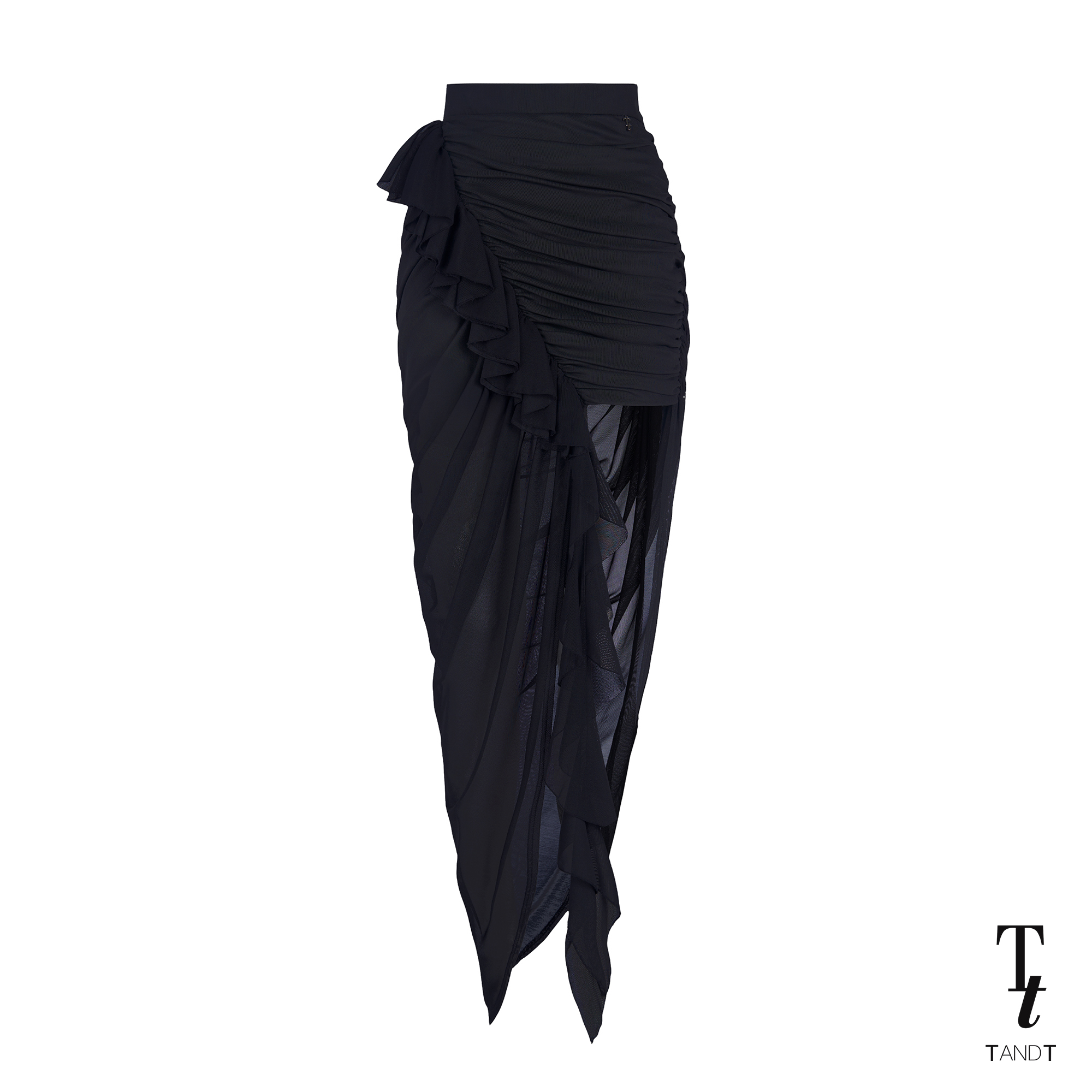TandT - DESYREE BLACK - RUCHED ASYMMETRIC RUFFLE TRIMMED MIDI SKIRT กระโปรงรูดย่นทรงสอบเข้ารูป ตกแต่งรูดย่นตกย้วยระบายเฉียงข้างขา ผ้าตาข่ายเนื้อนิ่มสีดำ ราคา 3,380 บาท*ส่งฟรี