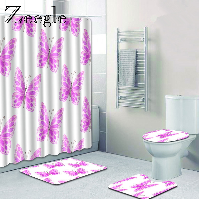 Zeegle Shower Curtain Set 4pcs Bathroom Mat Set Anti-slip Bathroom Floor Mat Foot Rug Washable Toilet Mat Bathroom Accessories