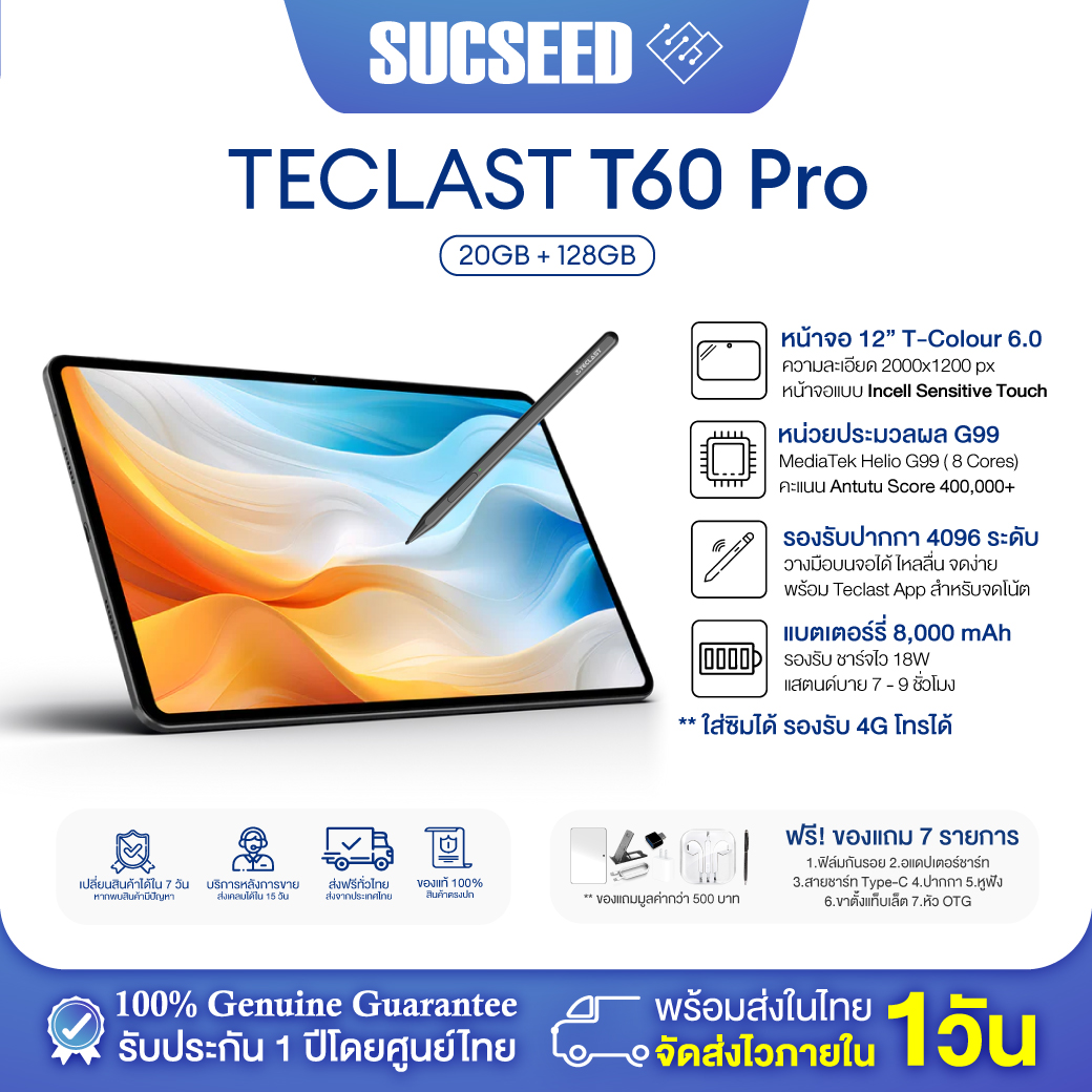 Teclast T60 Pro 12-Inch Screen Helio G99 | Ram 12Gb (8+4) | Rom 128Gb, Battery 8000Mah, Android 15, Can Insert Sim Card, Supports 4g Lte, 1 Year Warranty in Thailand. ราคา 6,599 บาท*ส่งฟรี