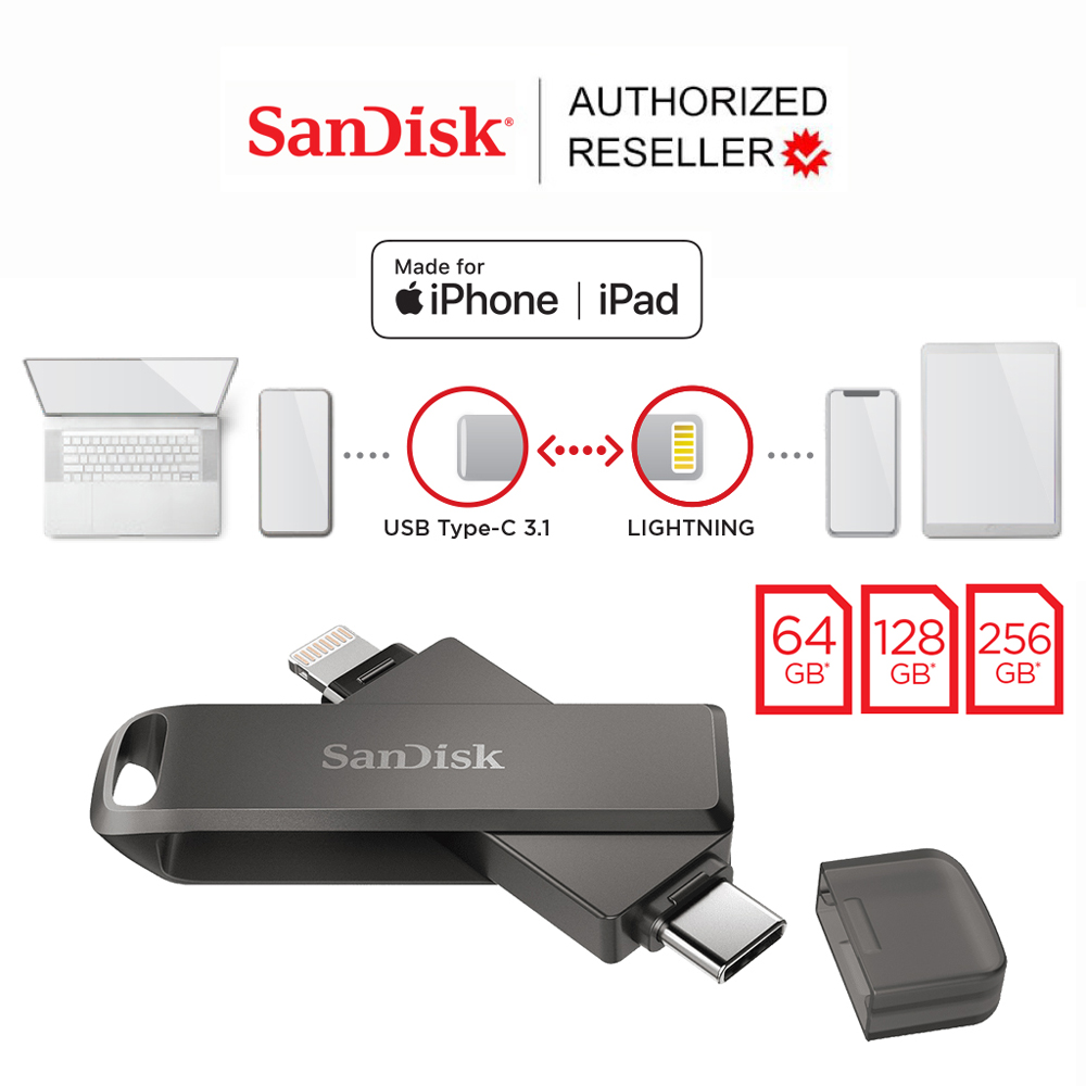แฟลชไดรฟ์ USB ธัมบ์ไดรฟ์ความเร็วสูง SanDisk iXpand Flash Drive Luxe 64GB 128GB 256GB 2 in 1 Lightning and USB-C (SDIX70N-256G-GN6NE) OTG Flashdrive แฟลชไดร์ฟ 2 หัว สำหรับ iPhone iPad Android ไอโฟน ไอแพด แอนดรอยด์ รับประกัน Synnex 2 ปี