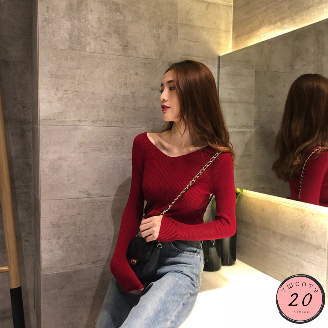 ✢20Twenty fashion✢ เสื้อไหมพรมแขนยาว คอวี ผ้าร่องยืด 16 สี