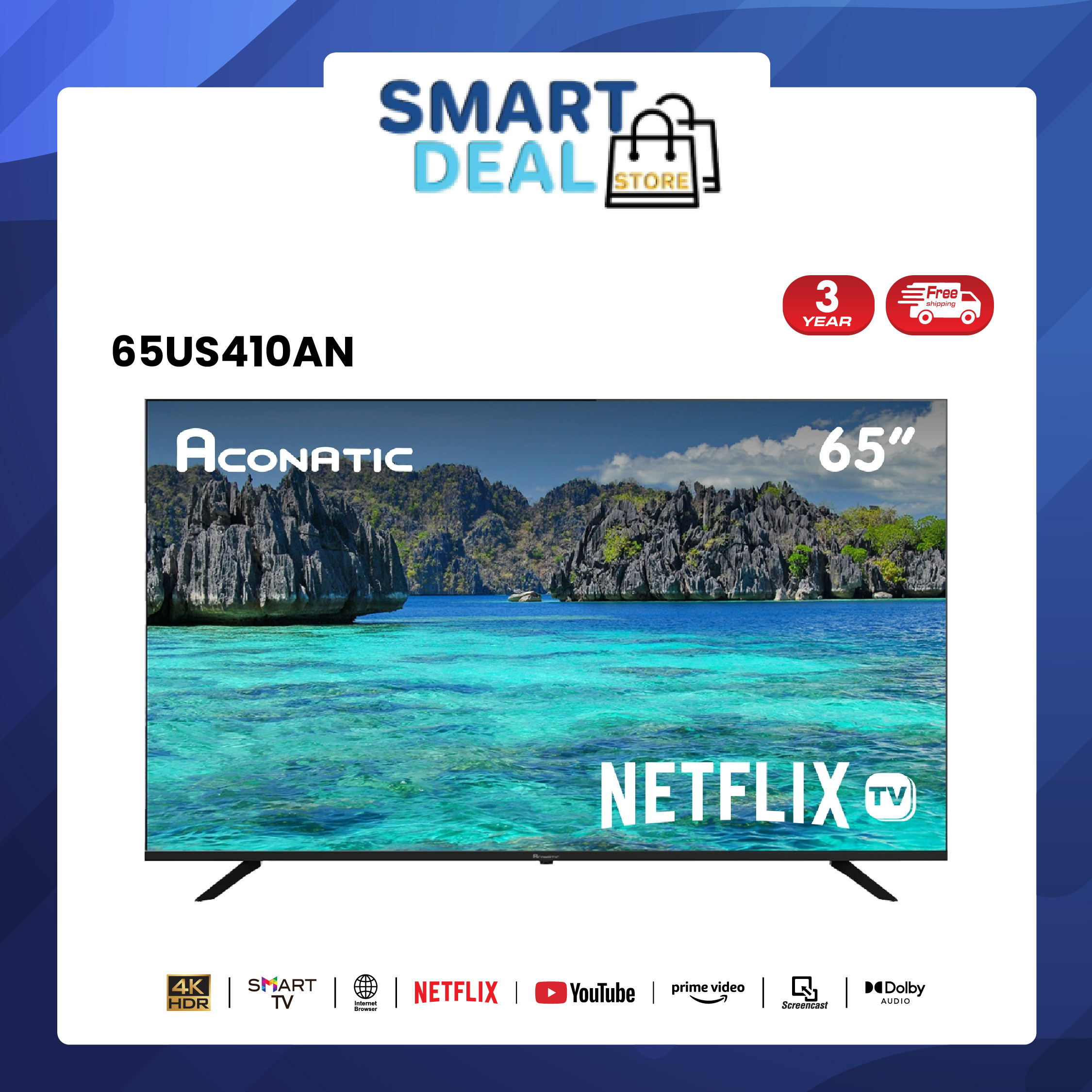 ใหม่ Aconatic ทีวี 65 นิ้ว LED 4K HDR Netflix TV รุ่น 65US410AN Smart TV (Netflix v5.3) สมาร์ททีวี (รับประกัน 3 ปี) ราคา 13,990 บาท*ส่งฟรี