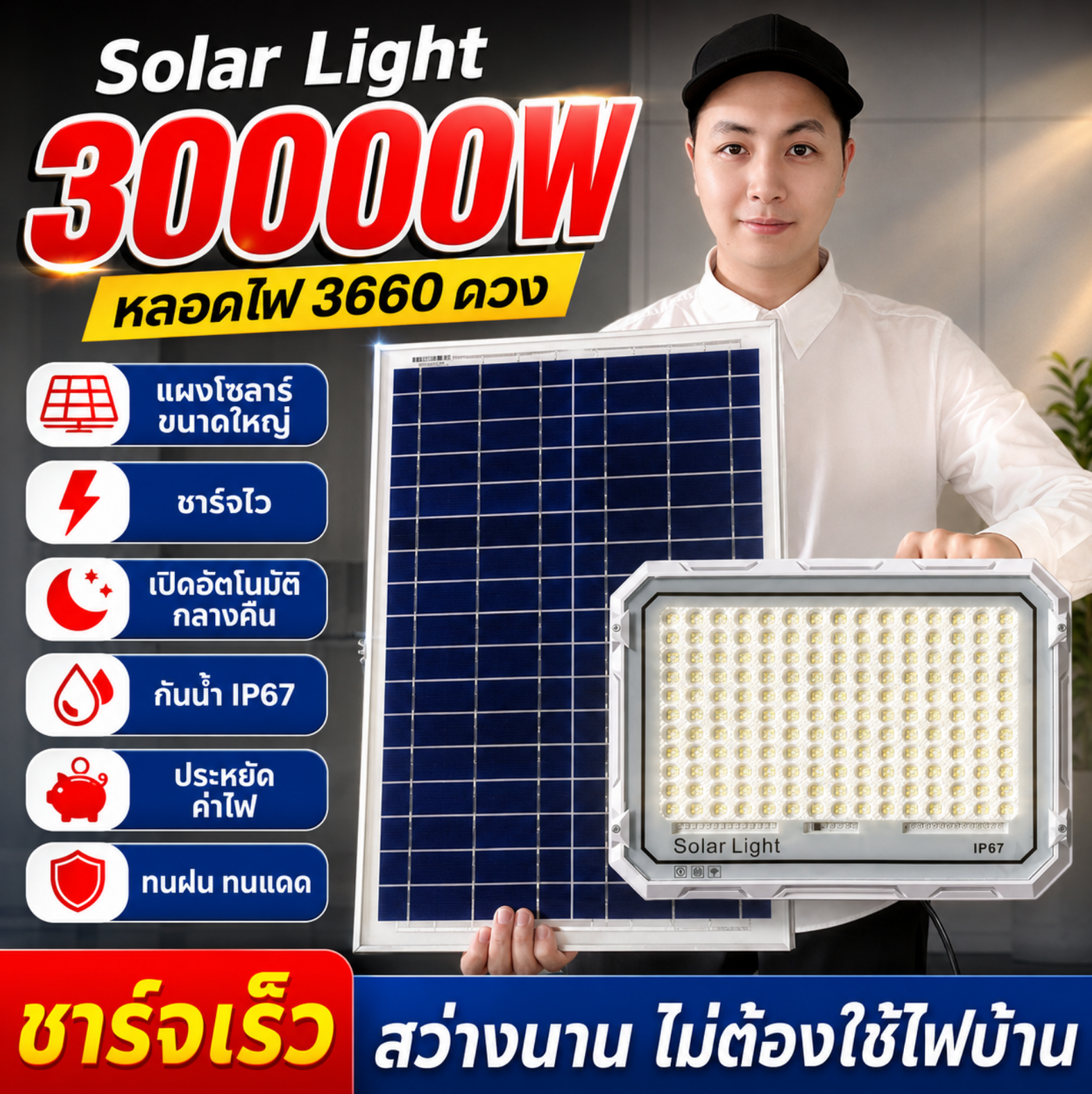 30 Year Warranty, Solar Cell Lights, Led Lights, Outdoor Lights, Solar Cells 30000W, Genuine, Waterproof, Lightning Protection. Intelligent Light Control, Solar Light Spotlights, Buy 1 Get 1 Free. ราคา 539 บาท*ส่งฟรี