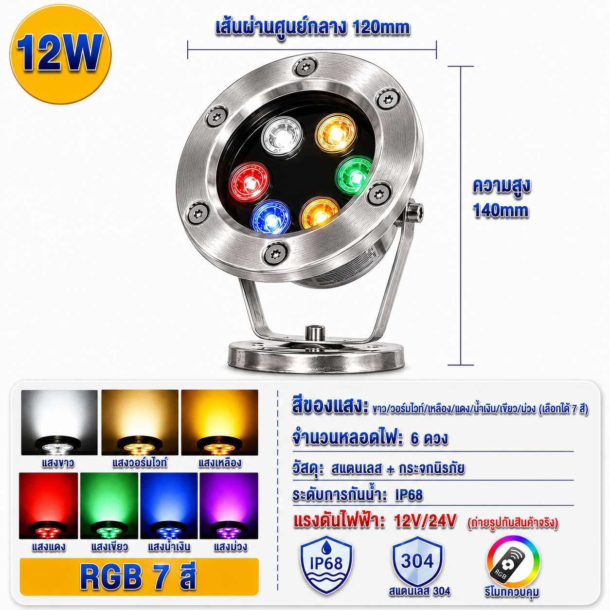 ไฟใต้น้ำ LED 6W 9W 12W ไฟบ่อปลา ไฟน้ำพุ ไฟน้ำตก ไฟสระว่ายน้ำ 12V/24V แสงวอร์ม RGB สแตนเลส กันน้ำ IP68