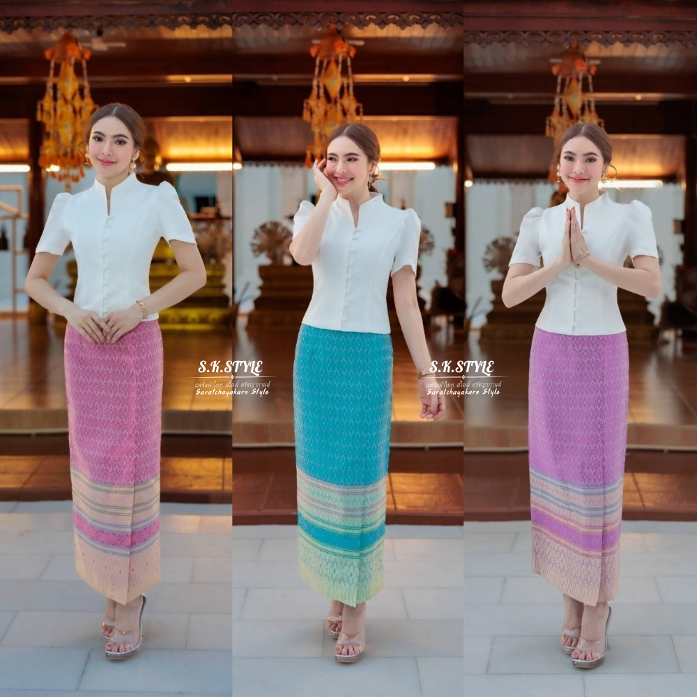 ชุดเครื่องแต่งกายไทยสำหรับสวมใส่ไปวัด ชุดเสื้อไหมญี่ปุ่นคอปก กระเป๋าผ้าไหมปักด้ายทอง เย็บติด และมีซิปซ่อนอยู่ด้านข้าง