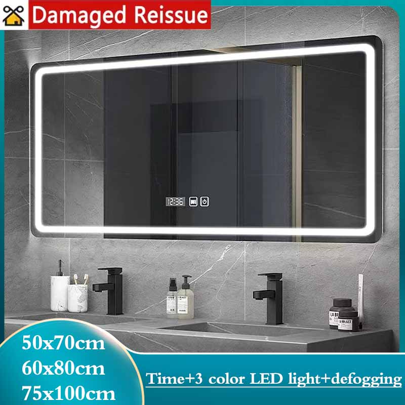 Rectangle Intelligent LED Mirror Bathroom Luminous Mirror Explosion-proof Frosted Makeup Mirror Display Temperature and Time Mirror Hotel Wall Mounted Mirror Barber Shop Decoration Wall Mirror Full Body Mirror Toilet Defogging Mirror ราคา 2,197 บาท*ส่งฟรี