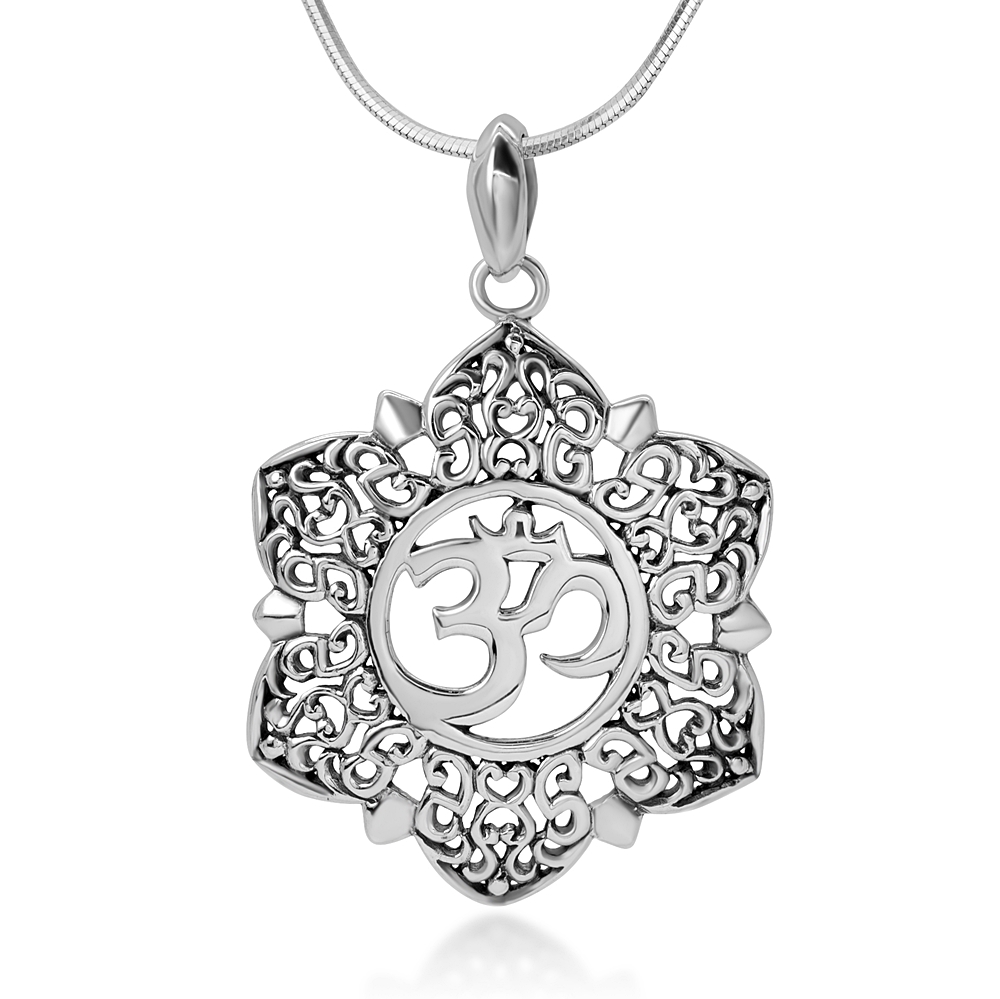 Suvani Jewelry - Sterling Silver Open Filigree Lotus Flower Om Ohm Aum Symbol Pendant Necklace for Women, 18" ราคา 850 บาท*ส่งฟรี