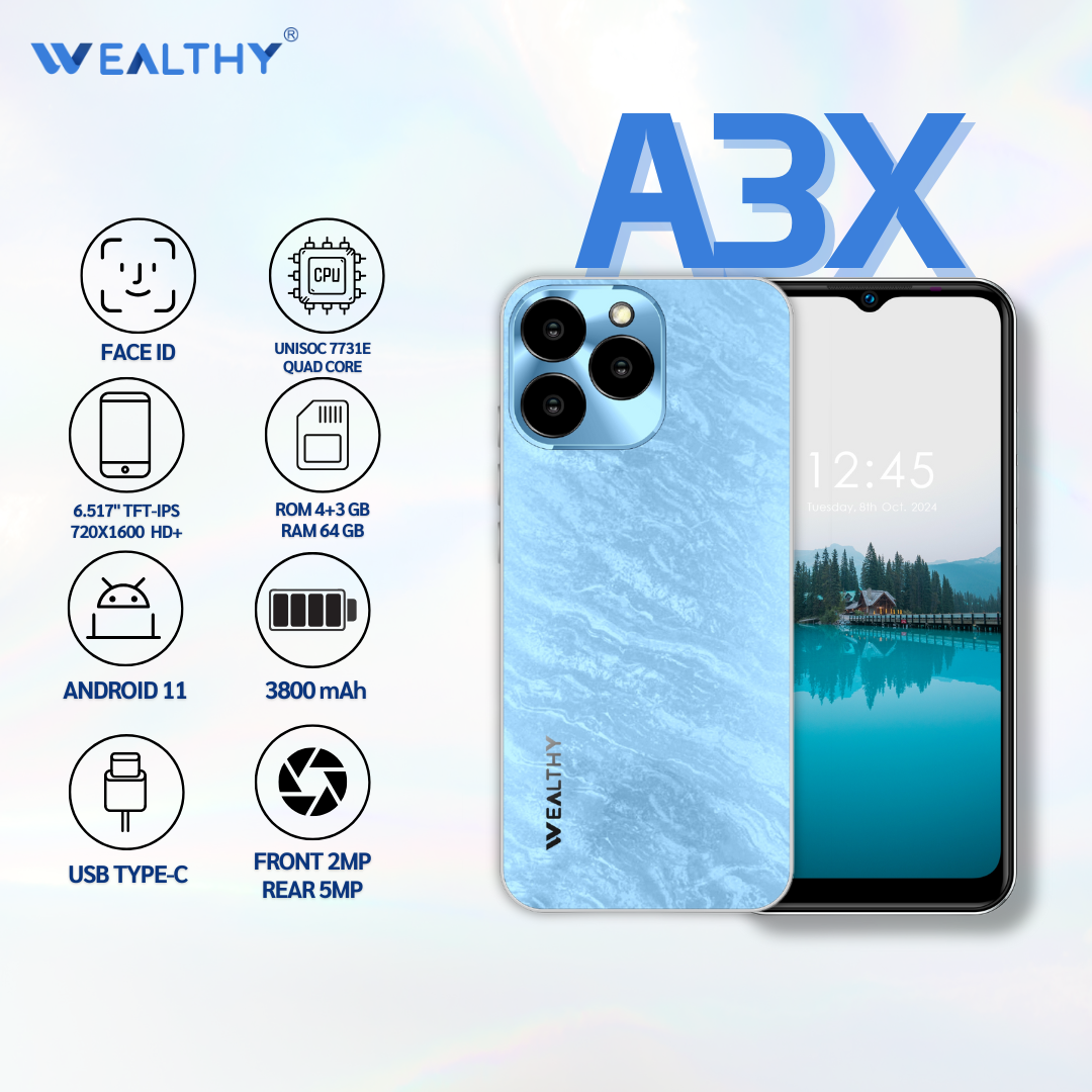 Wealthy A3X Mobile Phone | Big Screen Smartphone Smooth Social Media Playback Bluetooth 5.0 Supports 2 Sim Cards ราคา 1,890 บาท*ส่งฟรี