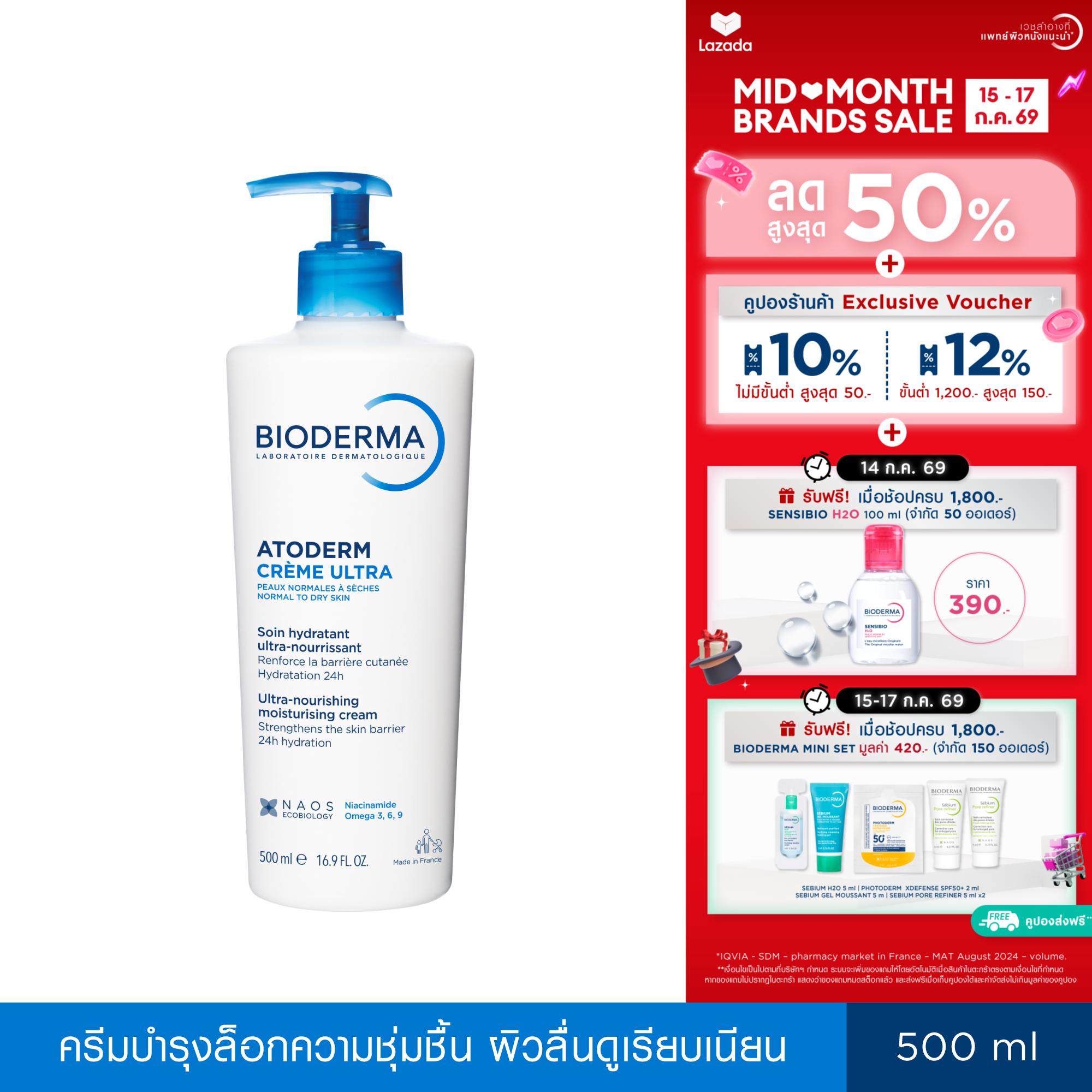 Bioderma Atoderm Crème Ultra 500 ml ครีมบำรุงผิวหน้าและผิวกาย ผิวสำหรับผิวธรรมดา-ผิวแห้ง ราคา 1,080 บาท*ส่งฟรี