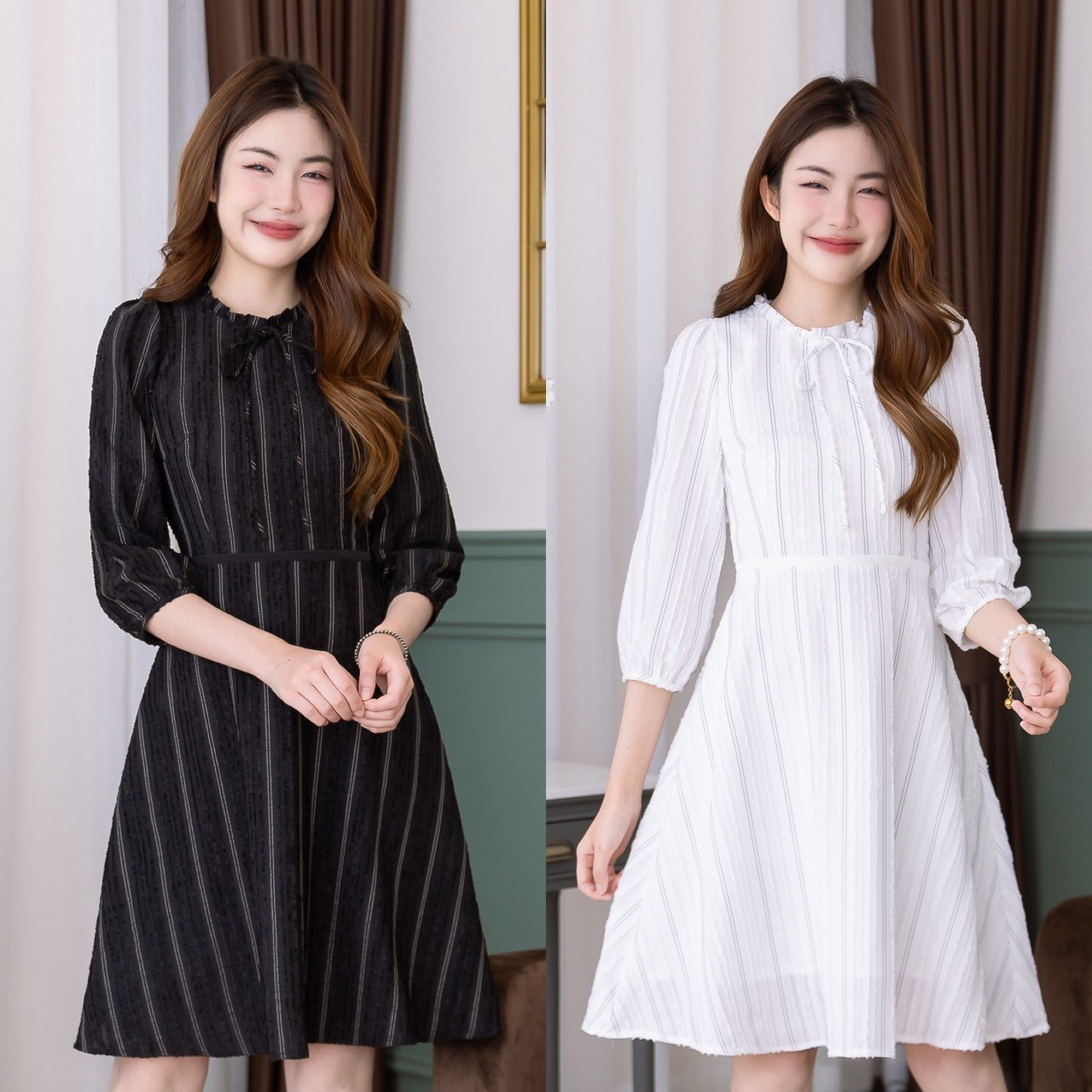 Beautiful, Elegant Dress, Comfortable to Wear, Looks Very Beautiful and Expensive, and It Looks Great. This Dress Has a Classic Color Tone, Simple but the Fabric Is Beautiful. the Fabric Has a Fluffy Texture Mixed with a Pattern of Yarn Lines. the Fabric ราคา 690 บาท*ส่งฟรี
