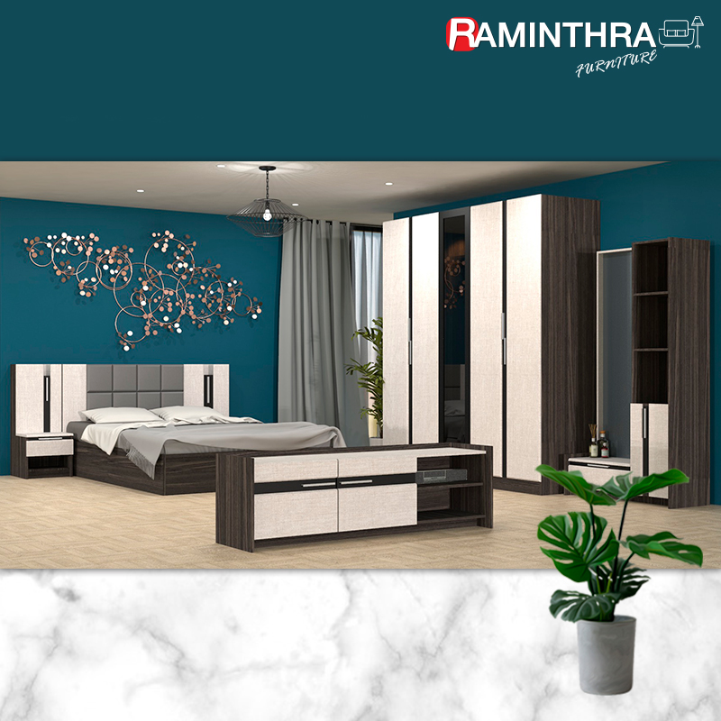 Raminthra Furniture ชุดห้องนอน 6ฟุต Victory2 ( เตียง 6ฟุต+ตู้ข้างเตียง+ตู้เสื้อผ้า 2ม.+โต๊ะแป้งยืน 80 ซม.+ชั้นวางทีวี 1.60ม. ) LV/FB/BK Bedroom set ราคา 27,900 บาท*ส่งฟรี