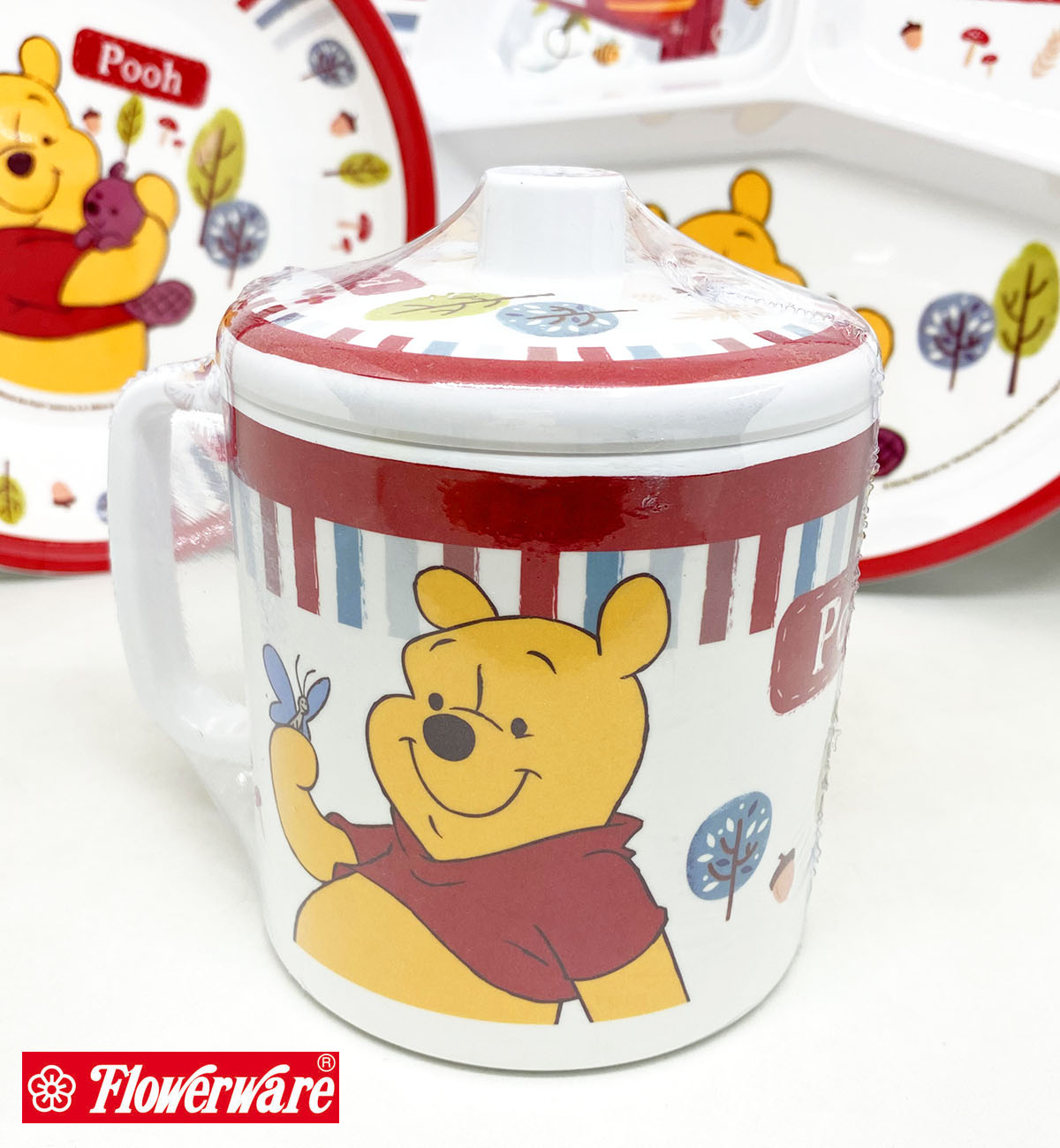 [ขายแยกชิ้น] จานข้าวเด็ก ช้อนส้อมเด็ก ถาดหลุม แก้วน้ำเมลามีน Disney POOH Woodlands หมีพูห์ ยี่ห้อฟลาวเวอร์แวร์ / 1 ชิ้น