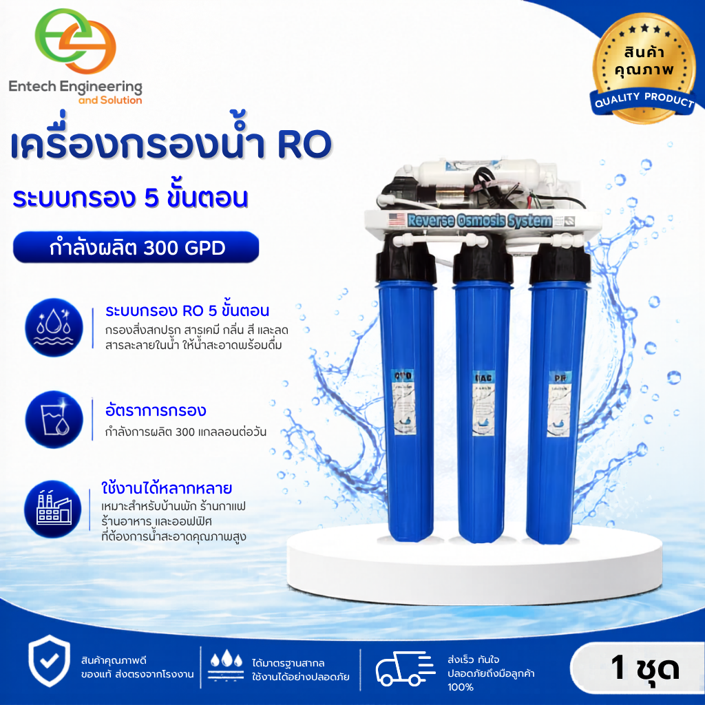 Entech Ro Water Filter 300 Gpd, 5-Step Filtration System, Free Filter Replacement Set Included. ราคา 10,500 บาท*ส่งฟรี