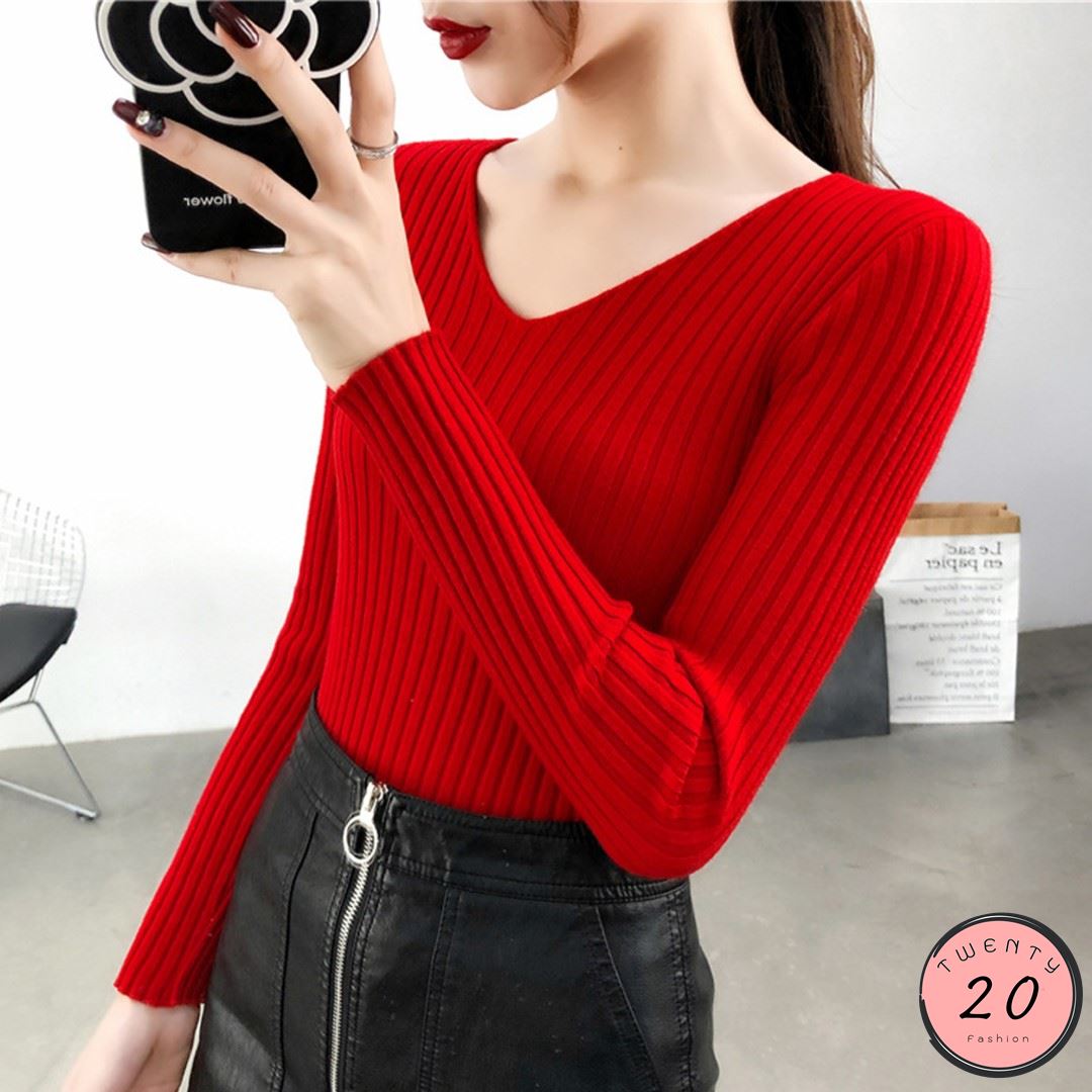 ✢20Twenty fashion✢ เสื้อไหมพรมแขนยาว คอวี ผ้าร่องยืด 16 สี