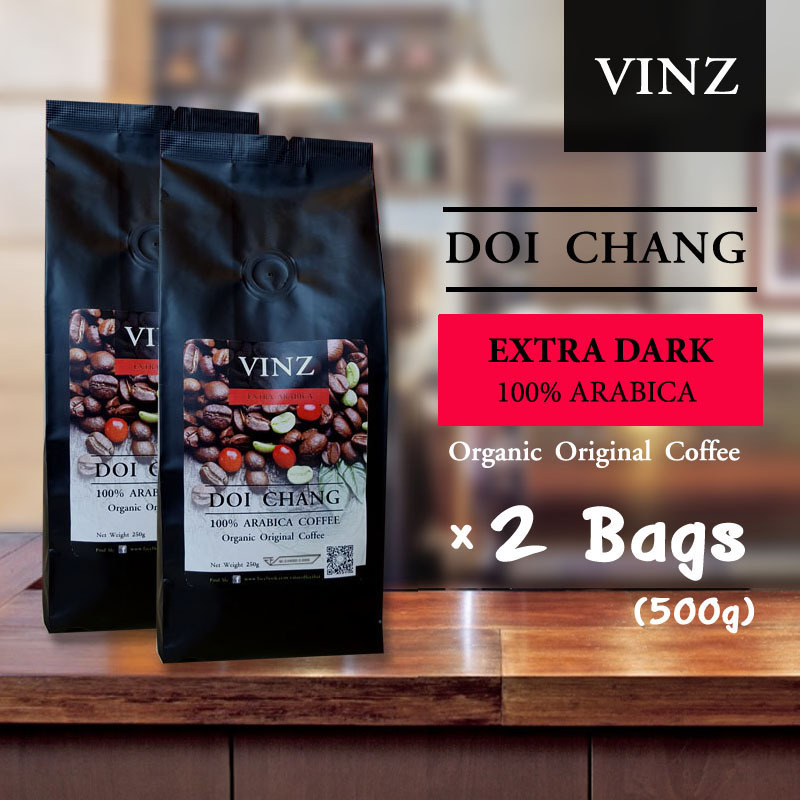 VINZ Coffee Bean เมล็ดกาแฟดอยช้าง อาราบิก้า 100% ปลอดสารพิษ คั่วเข้ม 2 ถุง (500g)