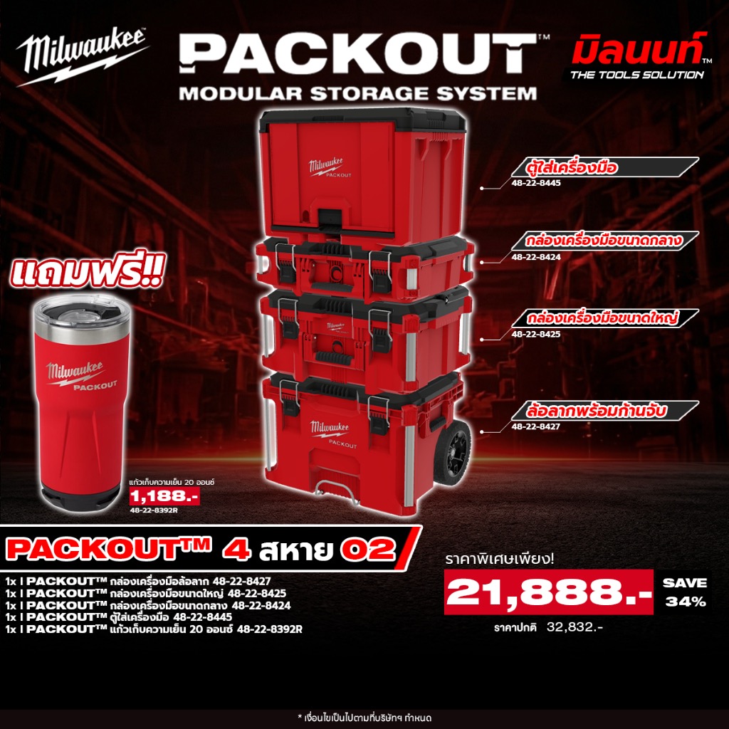 Milwaukee - Packout 4S02 Rolling Wheels with Handle + Large Box + Medium Box + Tool Cabinet Included! Glass Q2 ราคา 21,888 บาท*ส่งฟรี