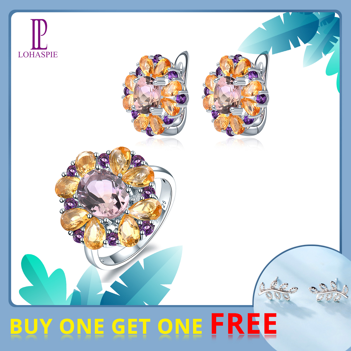 ชุดเครื่องประดับแหวนเงินต่างหูเงินธรรมชาติพลอยสีซิทรินแอเมทิสต์925เงินสเตอร์ลิงเครื่องประดับรูปดอกไม้สวยของขวัญวันครบรอบหมั้นสำหรับผู้หญิง