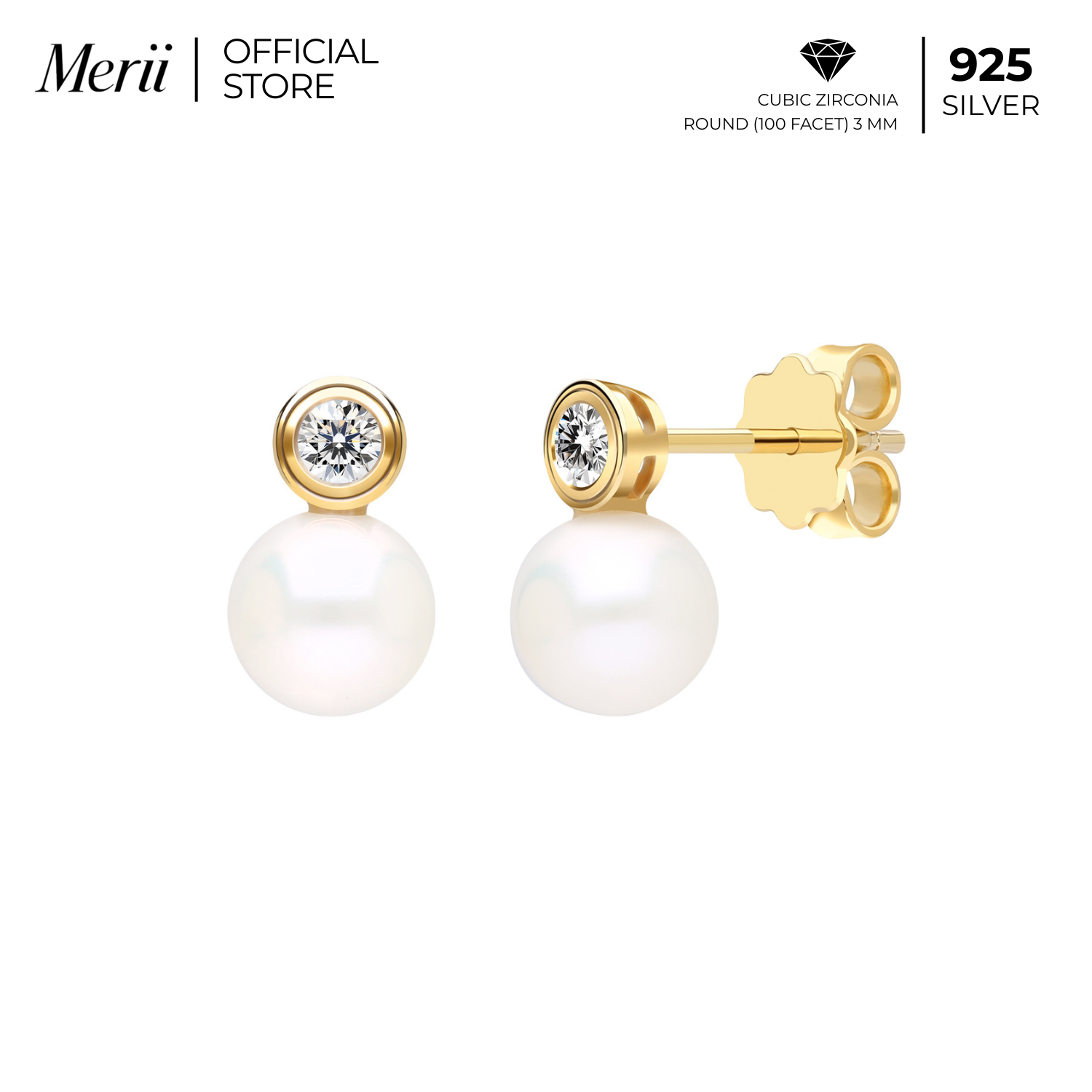Merii ต่างหูเงินชุบทองคำ 23K และชุบโรเดียม ประดับ CZ และไข่มุกน้ำจืด 7 มม. สไตล์คลาสสิก ราคา 3,200 บาท*ส่งฟรี