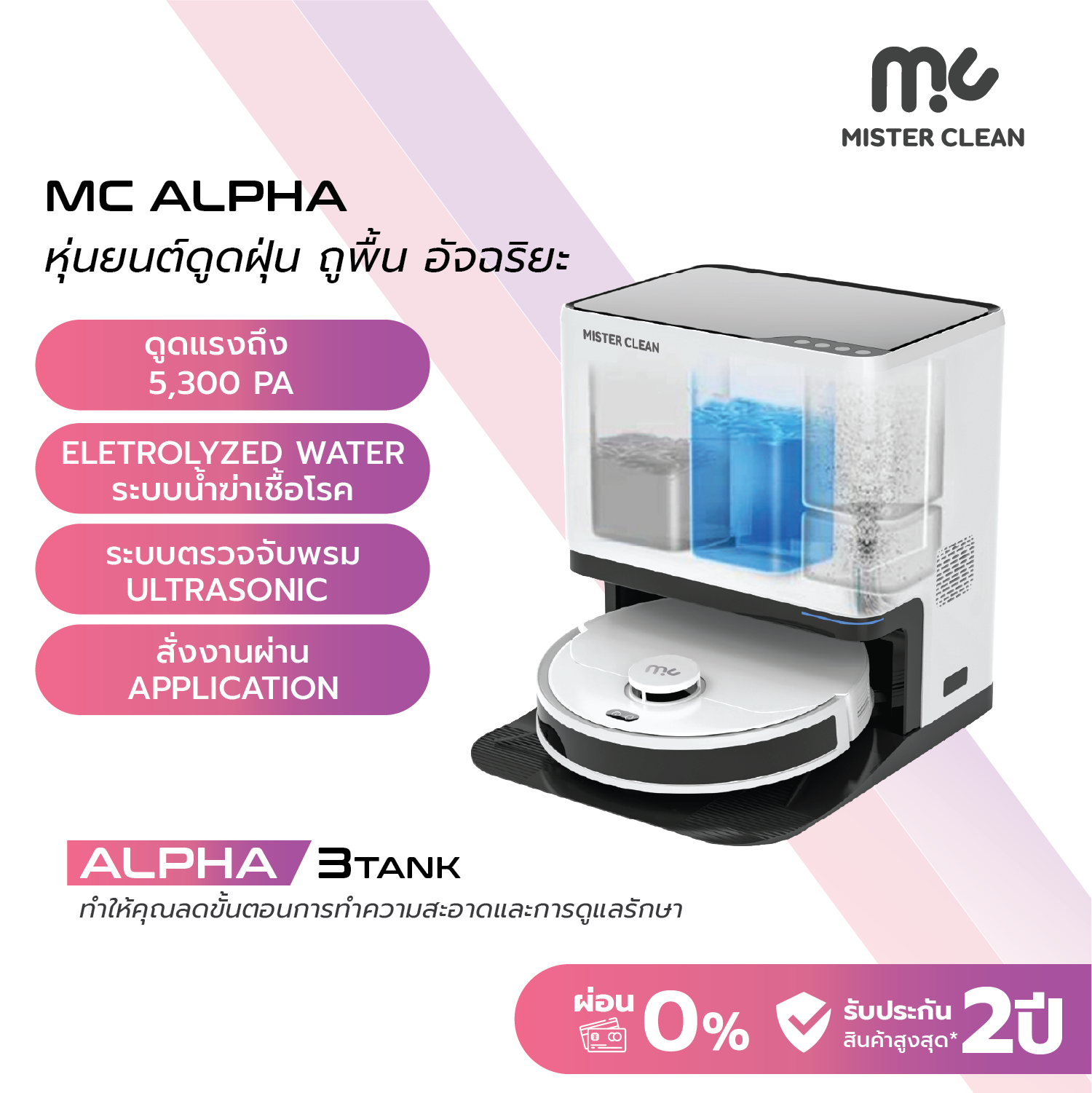 Mister Clean Alpha Plus, the newest floor vacuum and mopping robot✨ Equipped with a smart platform for collecting dust, mopping the floor, washing clothes, adding electrolyzed water, cleaning the mop, and air-blowing ราคา 23,900 บาท*ส่งฟรี