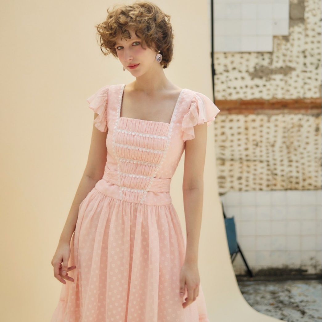 Tohns Ruffle Sleeve Midi Dress, Pink Chiffon Dress, Heart Pattern. ราคา 4,950 บาท*ส่งฟรี
