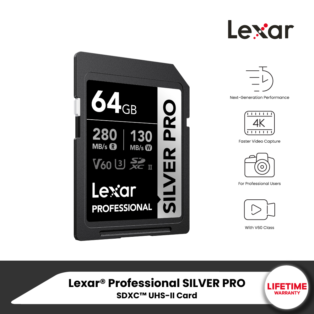 Lexar SILVER PRO UHS-II U3 V60 SDXC (เอสดีการ์ด) Full-HD 3D 4K RW280/130MB/s เมมโมรี่การ์ด ราคา 2,330 บาท*ส่งฟรี