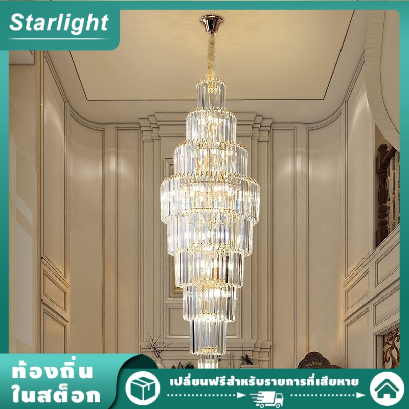 Tri Color Crystal Pendant Light, Duplex Luxury crystal Chandelier, Staircase, Villa Living Room Decoration, Ceiling Lights, LED Lighting ราคา 12,999 บาท*ส่งฟรี