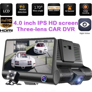 สินค้า กล้องติดรถยนต์ 3 เลนส์ด้านหน้า/ห้อง 1080P โดยสาร/ด้านหลัง หน้าจอขนาด 4 นิ้ว มีโหมดกลางคืน รองรับเมมโมรี่สูงสุดถึง 32 GB Three Camera Lens HD Car Recorder DVR DASH CAM 1080P HD 3 Lens Car DVR Dash Cam G-Sensor Recorder+Rearview