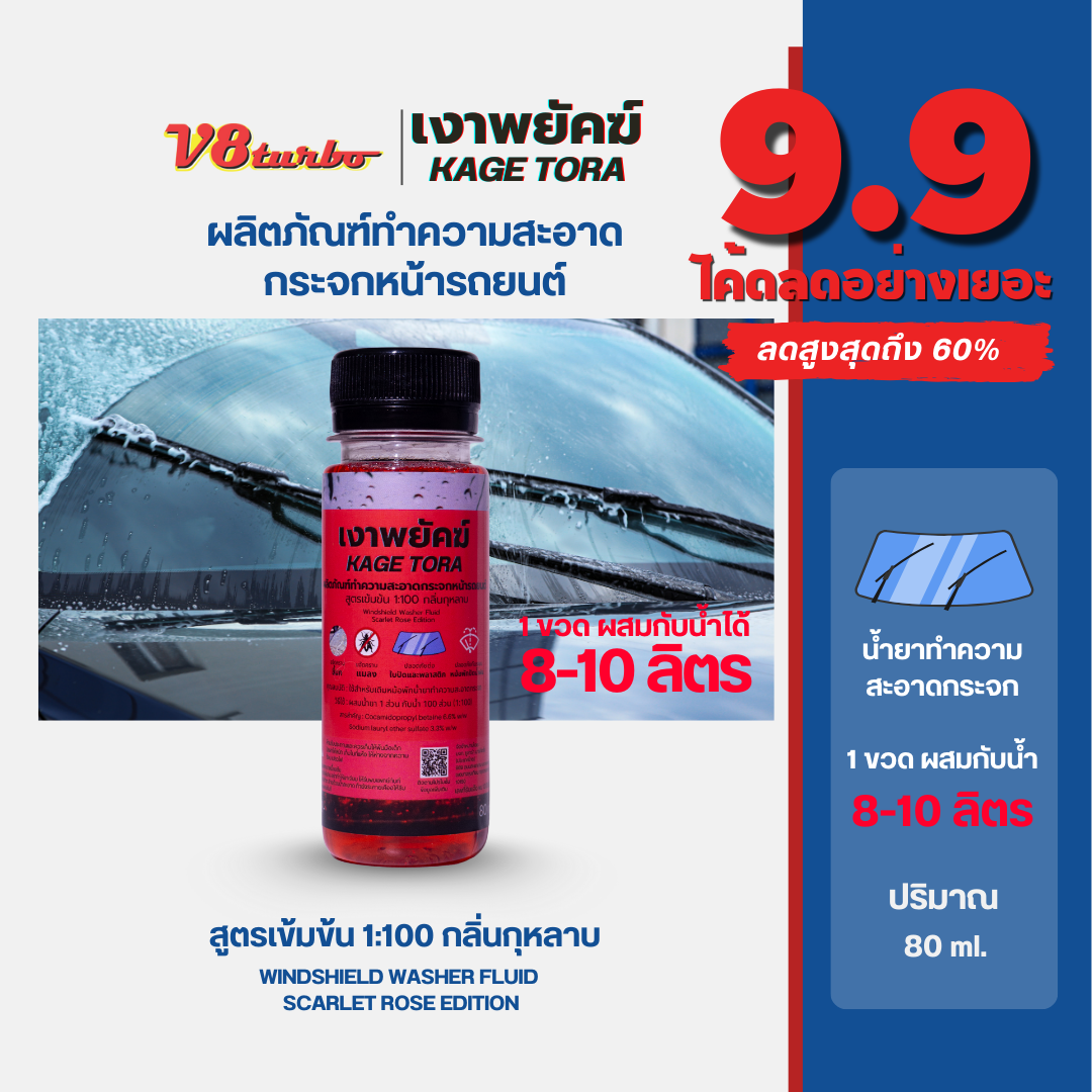 น้ำยาฉีดล้างกระจกหน้ารถยนต์ สูตรเข้มข้น 1:100 ขนาด 80 ml.(ผสมน้ำได้ 8-10 ลิตร) ราคา 59 บาท*ส่งฟรี
