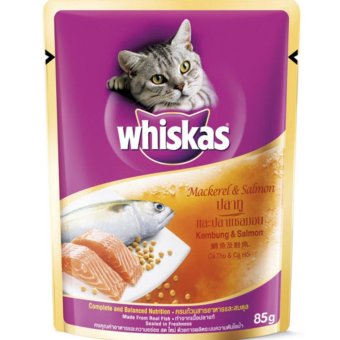 Whiskas Pouch Mackerel & Salmon อาหารแมวชนิดเปียก สูตรปลาทูและปลาแซลมอน่ 85 กรัม 6 ซอง image