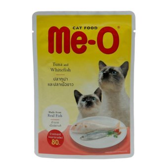 Me-O Pouch Tuna and Whitefish อาหารแมวชนิดเปียกสำหรับแมวทุกสายพันธุ์ สูตรปลาทูน่าและปลาเนื้อขาว ขนาด 80กรัม 24ซอง Me-O Pouch Tuna and Whitefish อาหารแมวชนิดเปียกสำหรับแมวทุกสายพันธุ์ สูตรปลาทูน่าและปลาเนื้อขาว ขนาด 80กรัม 24ซอง