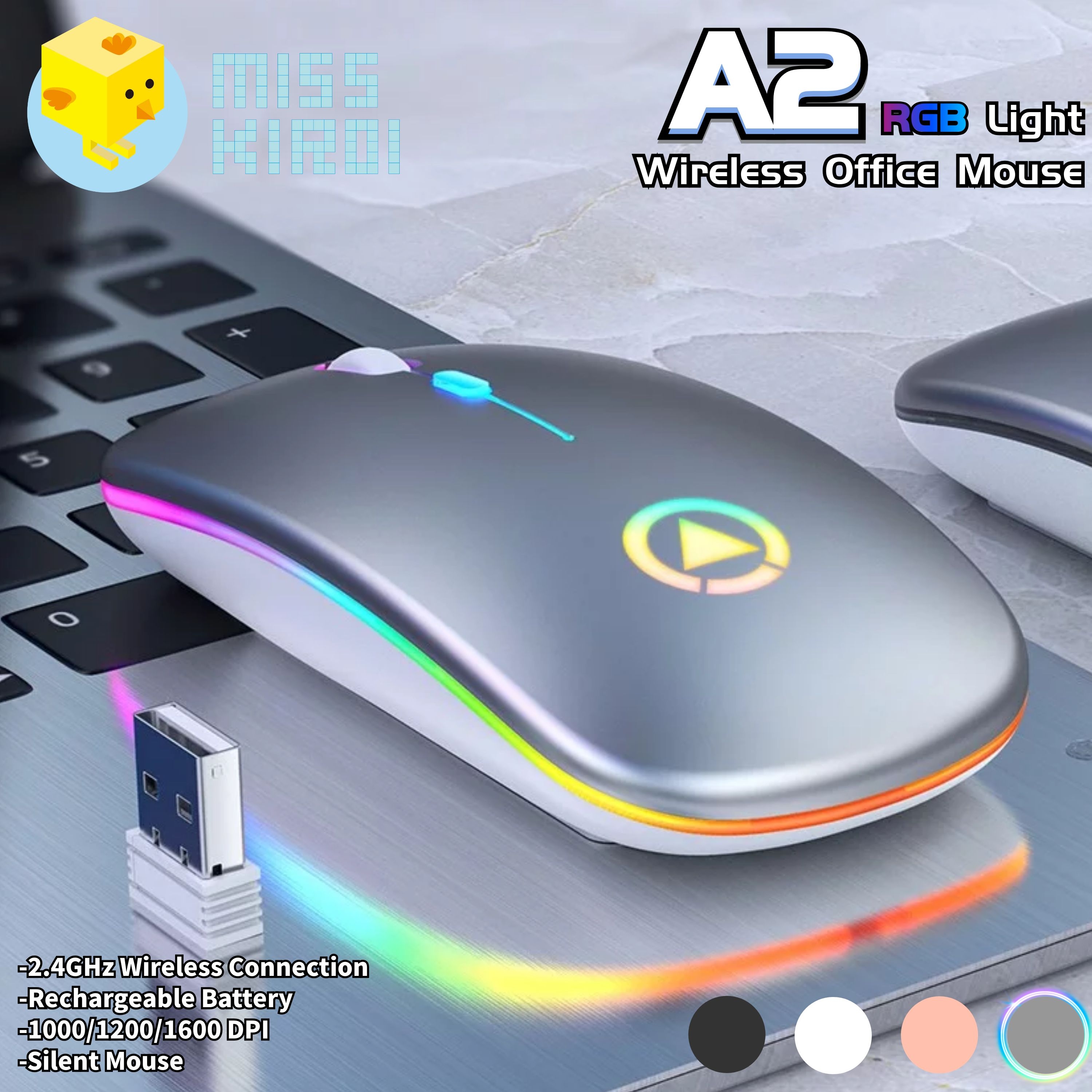 [HOT] Miss Kiroi Model A2 เมาส์เก็บเสียง เงียบไร้เสียง Office 2.4GHz Wireless Silent Mouse RGB Backlight DPI 1000-1600