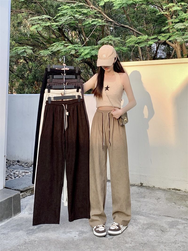Retro Versatile Fleece Slacks Women's Spring 2024 ใหม่สไตล์สปอร์ตนุ่ม Glutinous Drape ตรงขากว้างกางเกงขายาว ราคา 147 บาท*ส่งฟรี