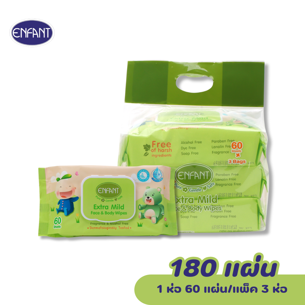 ENFANT (อองฟองต์) Extra Mild Face & Body Wipes ผ้าเช็ดทำความสะอาดแบบเปียก สูตรน้ำแร่บริสุทธิ์ 1แพ็ค/3ห่อ 60แผ่น/ห่อ