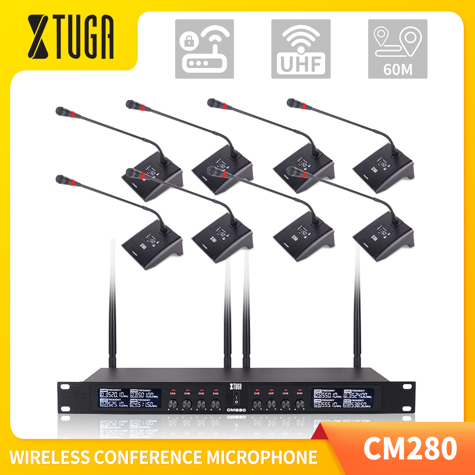 XTUGA CM280 UHF 8 Channels Professional Gooseneck Conference Microphone System With 8 Fixed Frequency Wireless Gooseneck Mics, Super-low Background Noise, Designed for Large Conferences, Meetings, Public Speaking Engagements ราคา 9,999 บาท*ส่งฟรี
