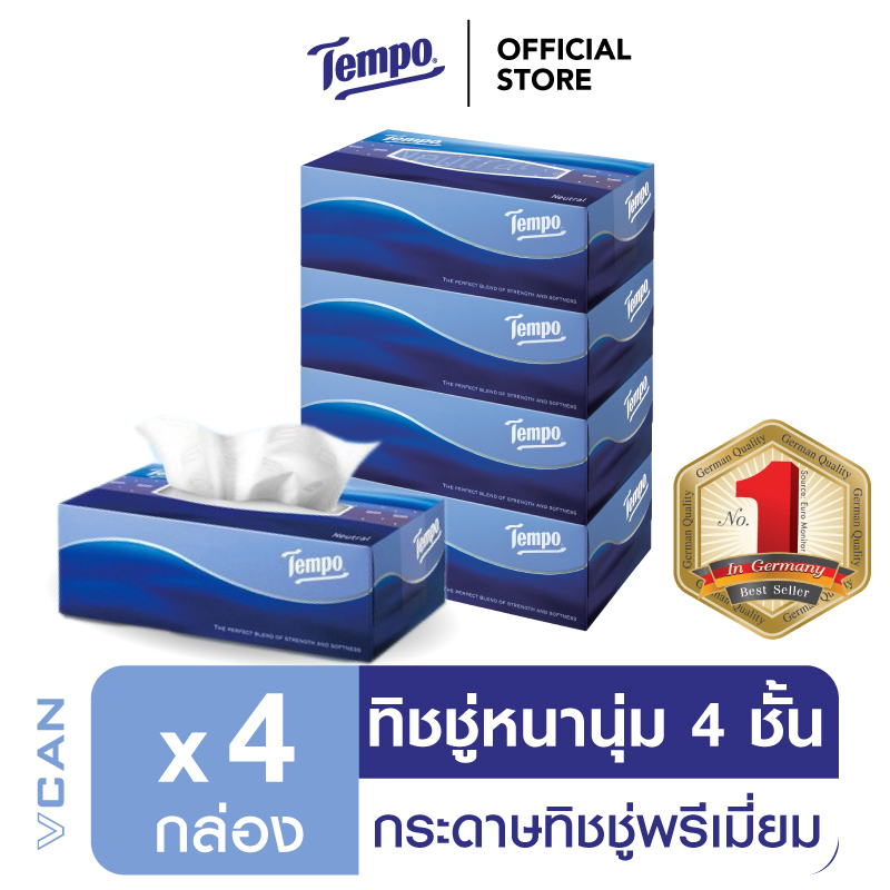 ของใช้ในบ้านและอุปกรณ์ทำความสะอาด Tempo เทมโพ กระดาษเช็ดหน้า ทิชชู่ (4 กล่อง)